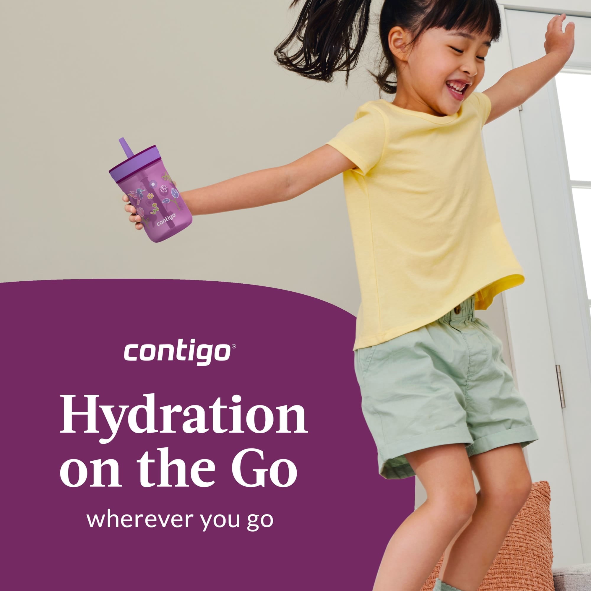 Contigo Kids Leighton Spill-Proof Tumbler with Straw, Ages 3+, Pink and Purple, 14 oz, 2 Pack