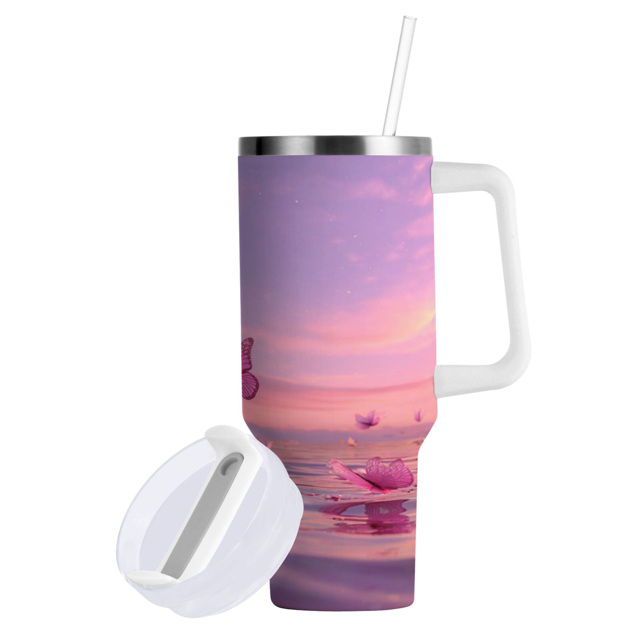 30 oz Insulated Stainless Steel Tumbler Double Wall Stainless Steel Tumbler with 2-Way Drinking Pink Butterflies Flying