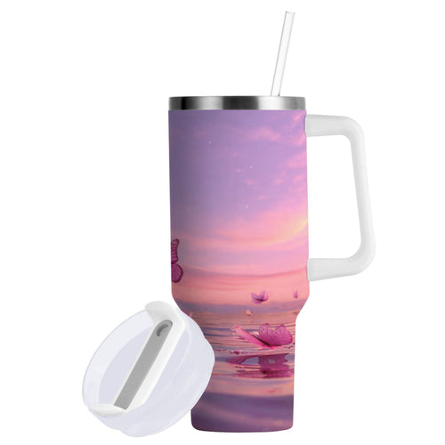 30 oz Insulated Stainless Steel Tumbler Double Wall Stainless Steel Tumbler with 2-Way Drinking Pink Butterflies Flying