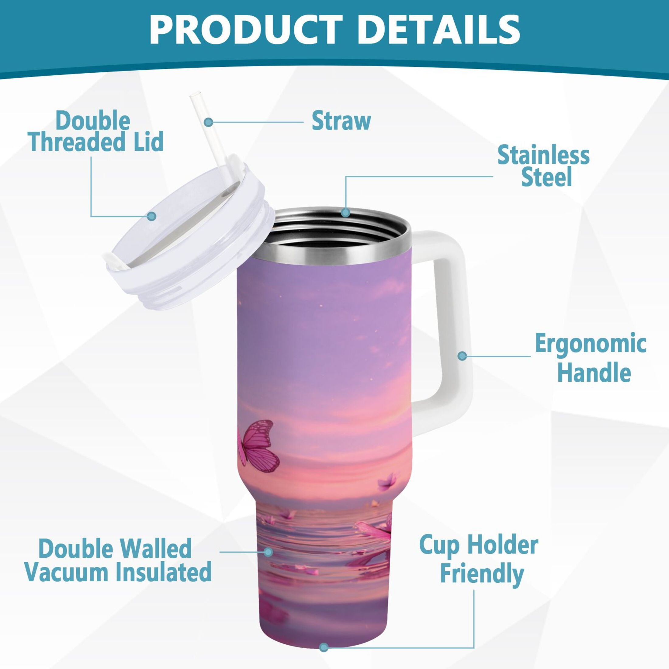 30 oz Insulated Stainless Steel Tumbler Double Wall Stainless Steel Tumbler with 2-Way Drinking Pink Butterflies Flying