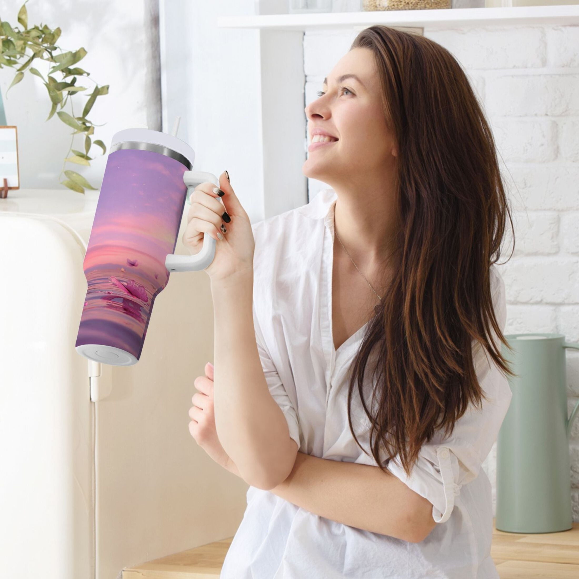 30 oz Insulated Stainless Steel Tumbler Double Wall Stainless Steel Tumbler with 2-Way Drinking Pink Butterflies Flying