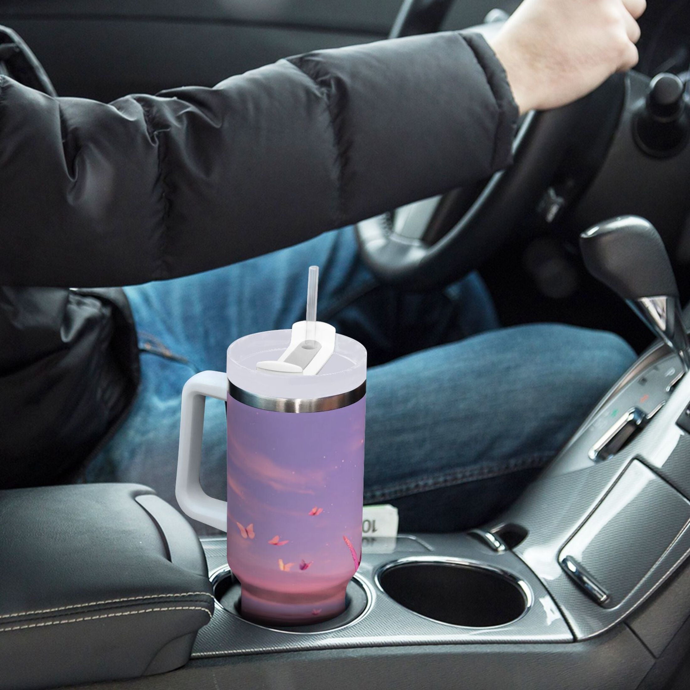 30 oz Insulated Stainless Steel Tumbler Double Wall Stainless Steel Tumbler with 2-Way Drinking Pink Butterflies Flying