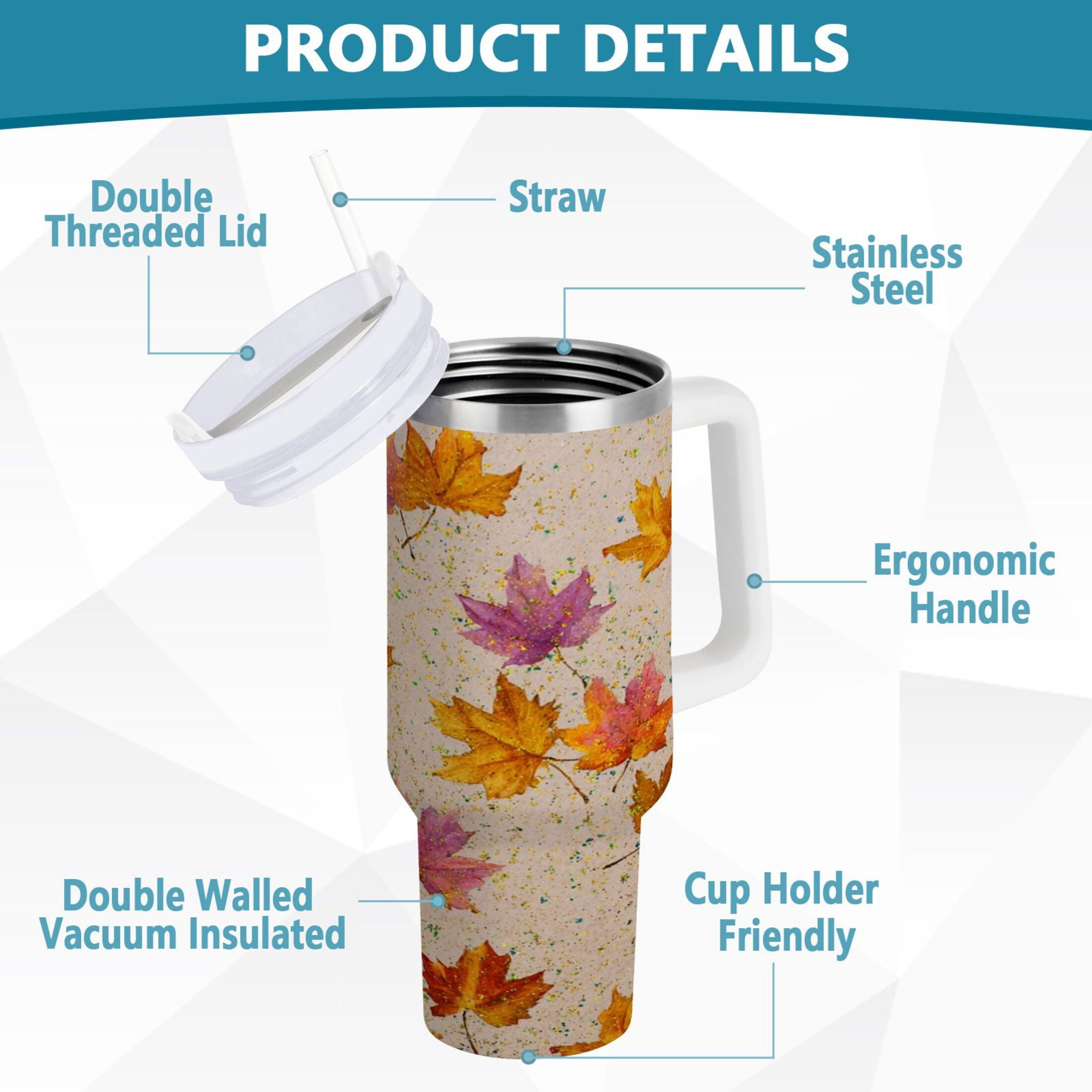 40 oz Insulated Stainless Steel Tumbler Double Wall Stainless Steel Tumbler with 2-Way Drinking Colored Autumn Leaves