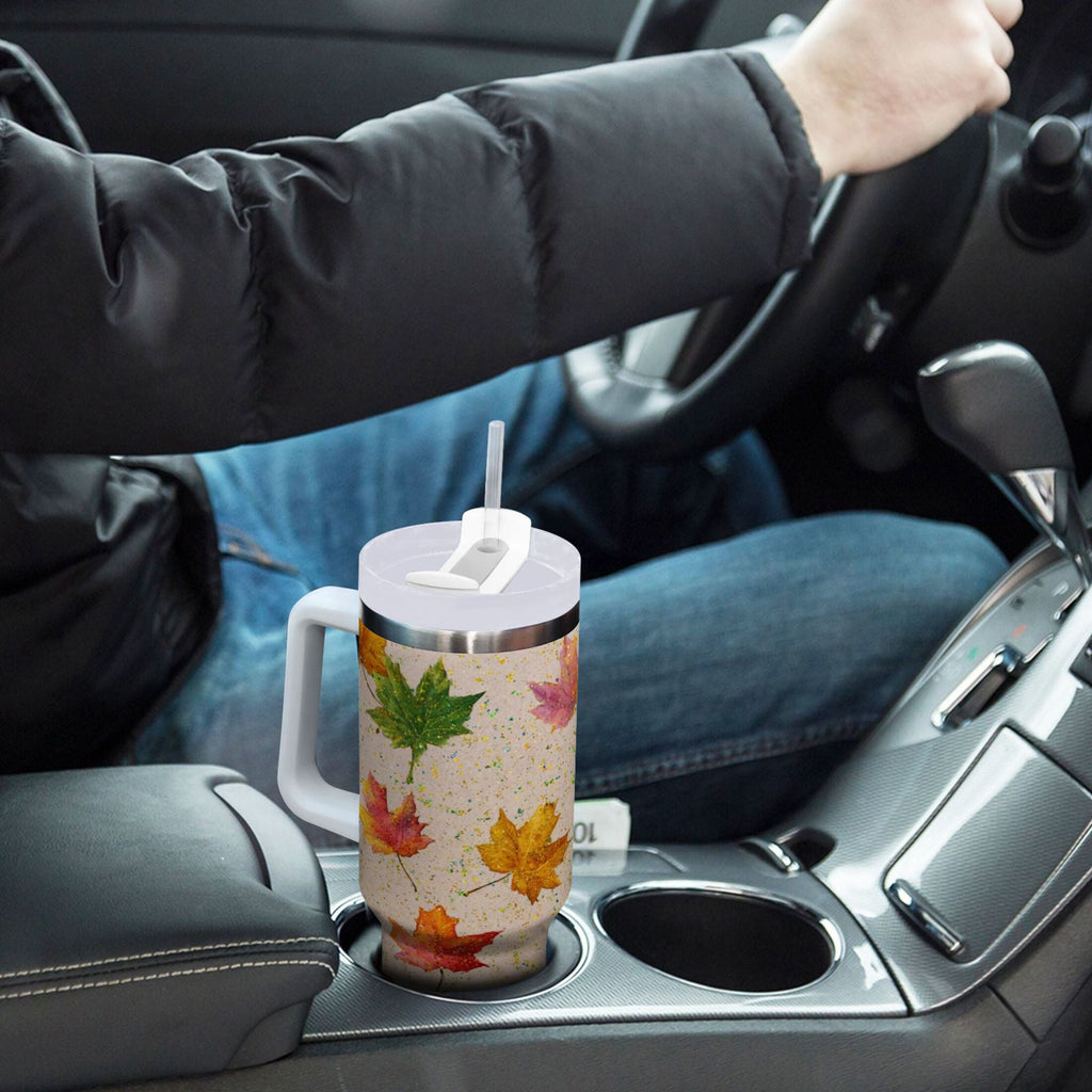 40 oz Insulated Stainless Steel Tumbler Double Wall Stainless Steel Tumbler with 2-Way Drinking Colored Autumn Leaves