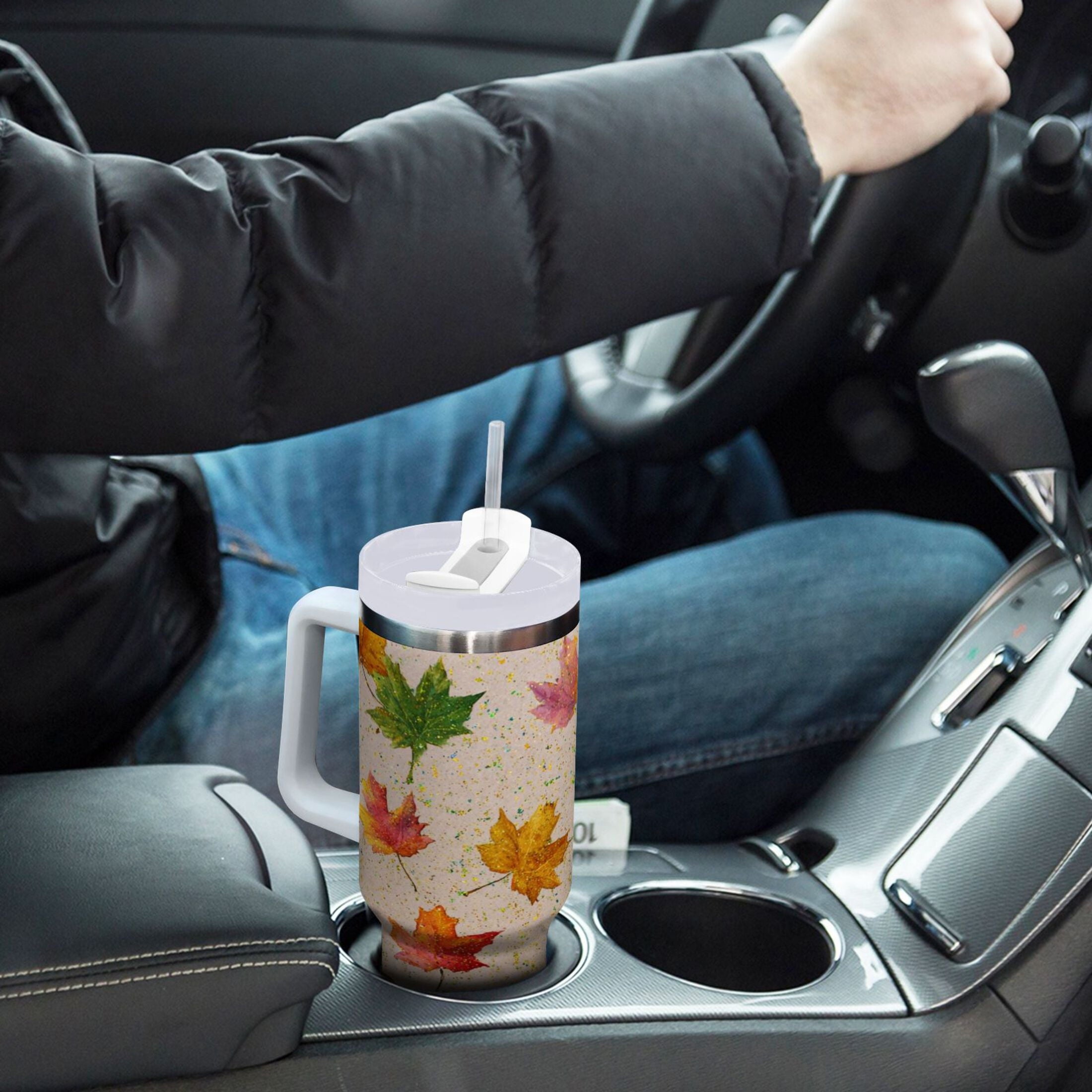 40 oz Insulated Stainless Steel Tumbler Double Wall Stainless Steel Tumbler with 2-Way Drinking Colored Autumn Leaves