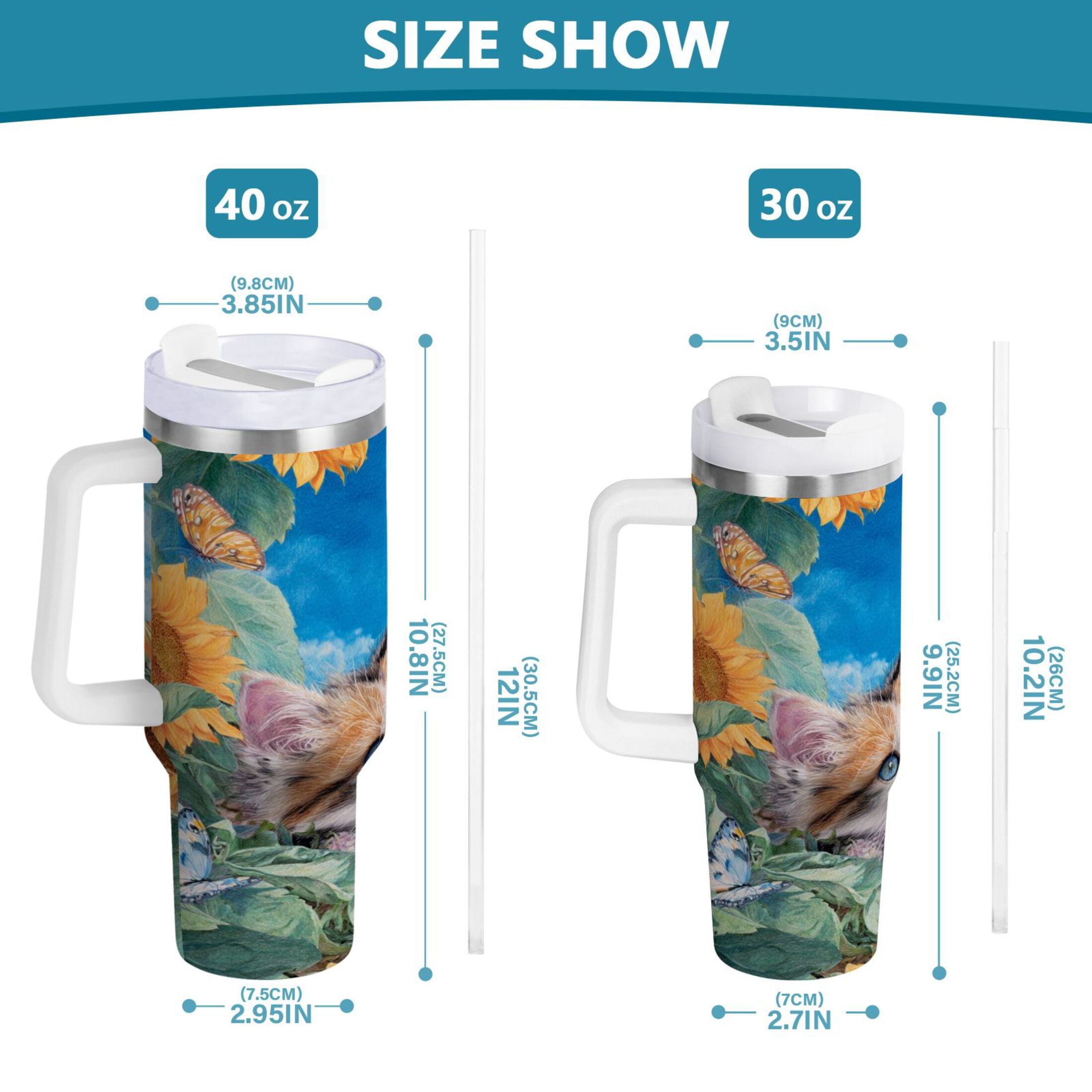 40 oz Insulated Stainless Steel Tumbler Double Wall Stainless Steel Tumbler with 2-Way Drinking Playful Cat Lying Sunflowers