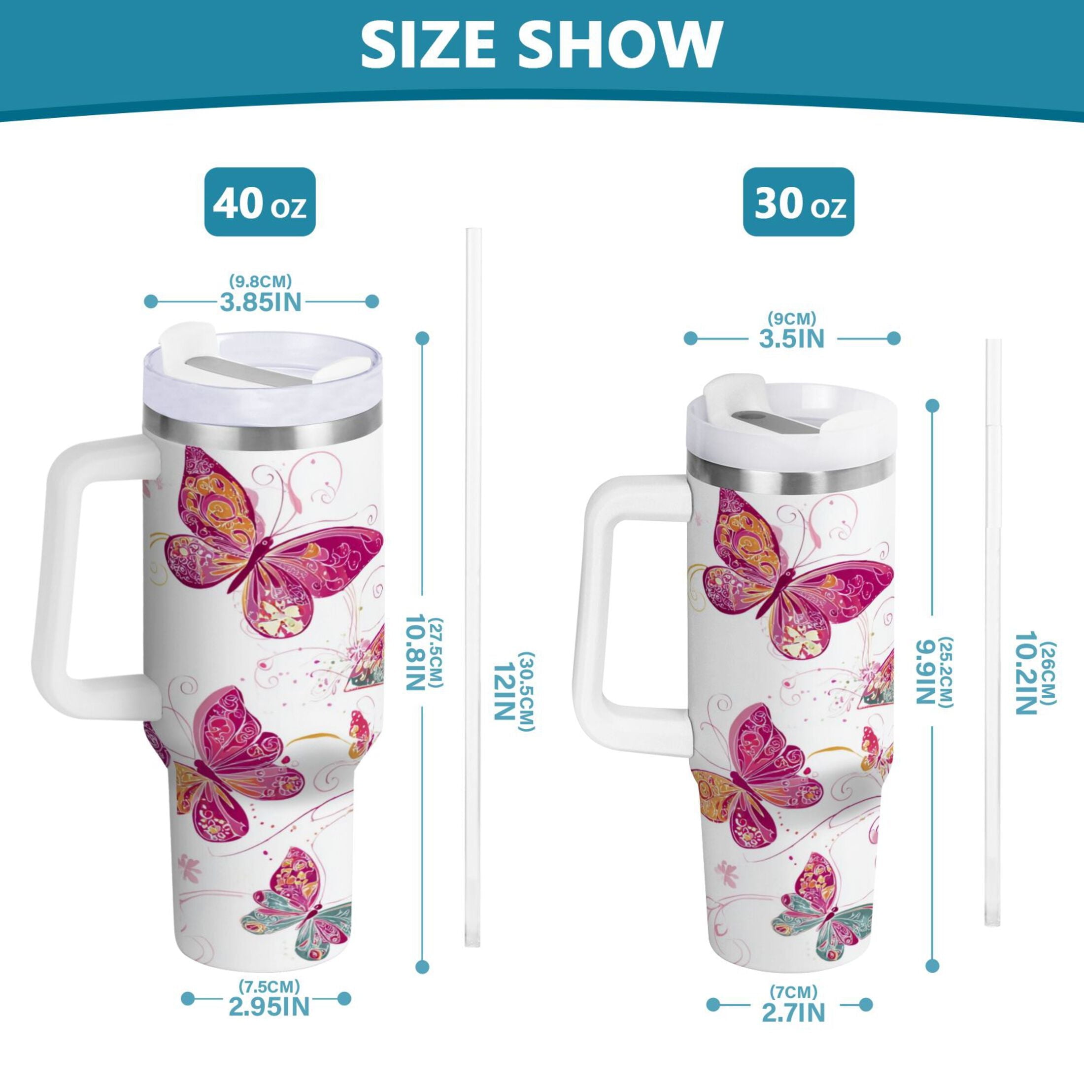 30 oz Insulated Stainless Steel Tumbler Double Wall Stainless Steel Tumbler with 2-Way Drinking Colorful Butterflies