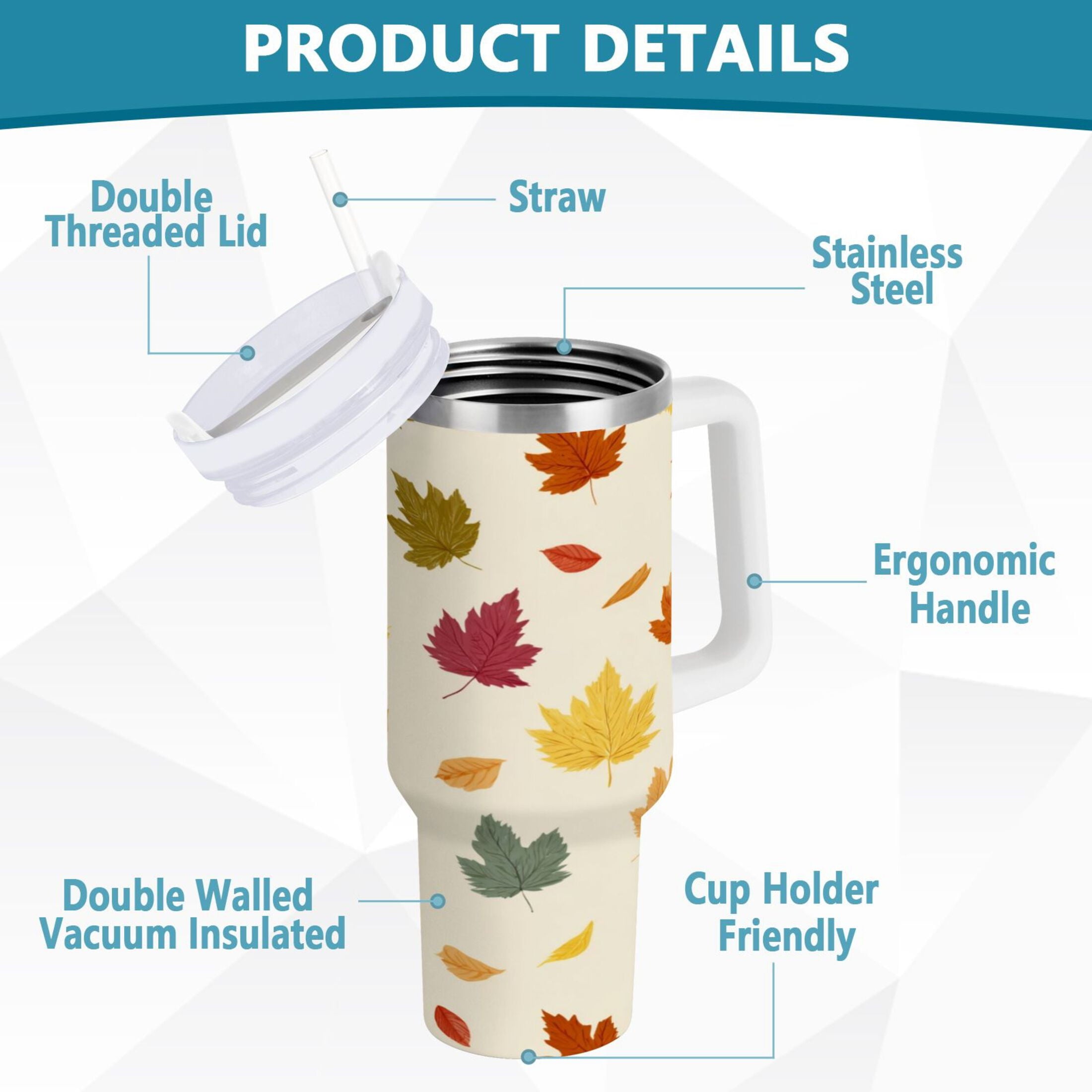 40 oz Insulated Stainless Steel Tumbler Double Wall Stainless Steel Tumbler with 2-Way Drinking Colorful Autumn Leaves Pattern