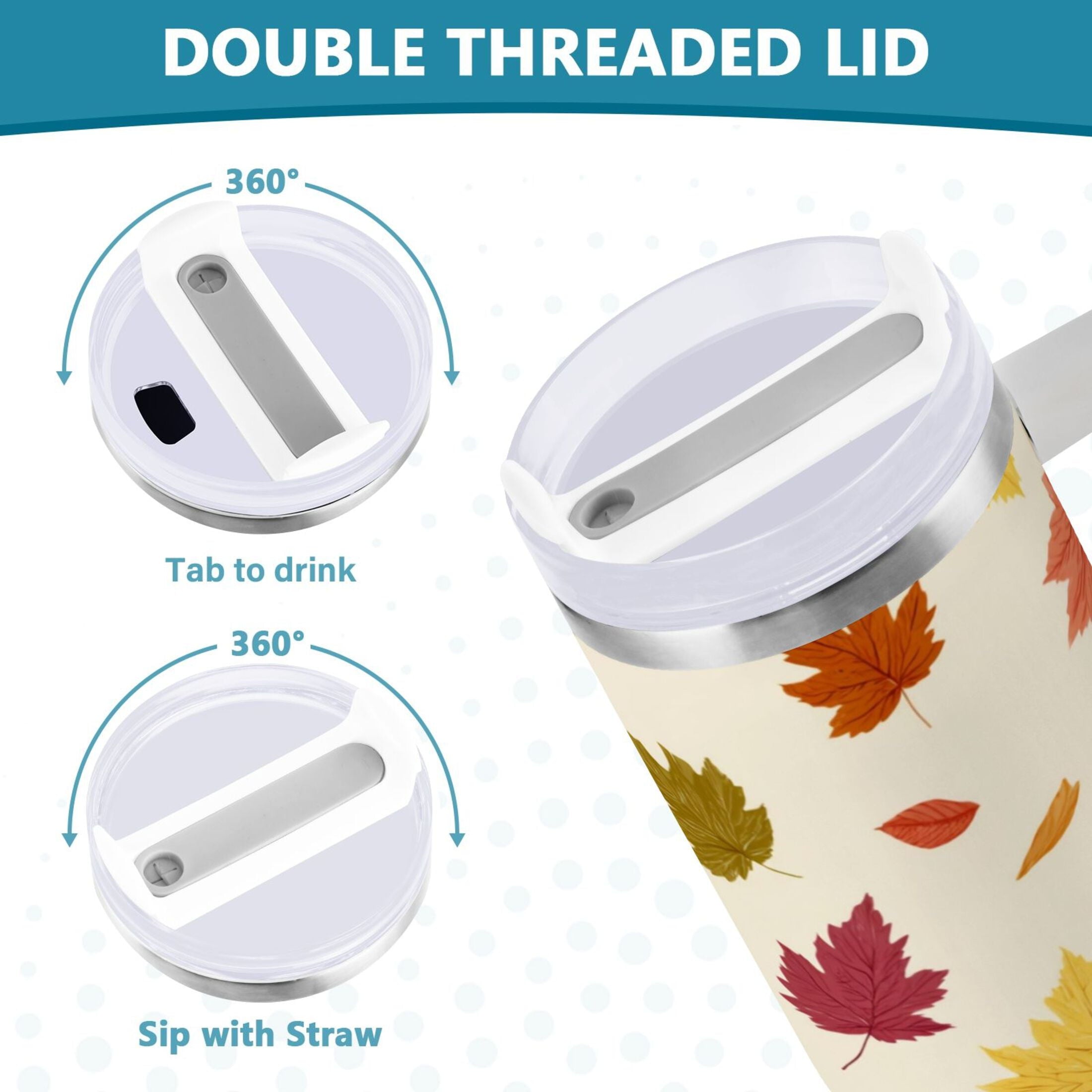 40 oz Insulated Stainless Steel Tumbler Double Wall Stainless Steel Tumbler with 2-Way Drinking Colorful Autumn Leaves Pattern