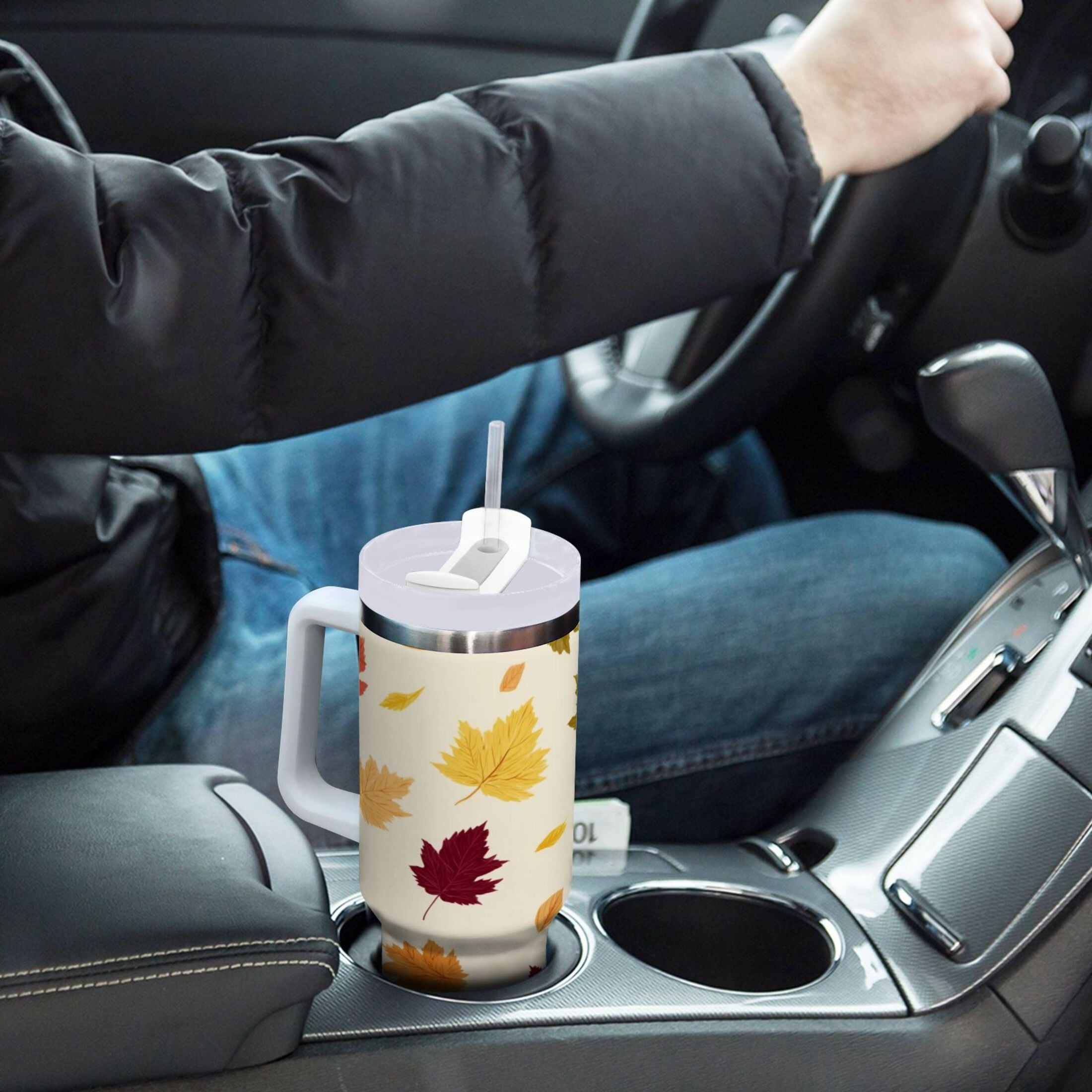 40 oz Insulated Stainless Steel Tumbler Double Wall Stainless Steel Tumbler with 2-Way Drinking Colorful Autumn Leaves Pattern
