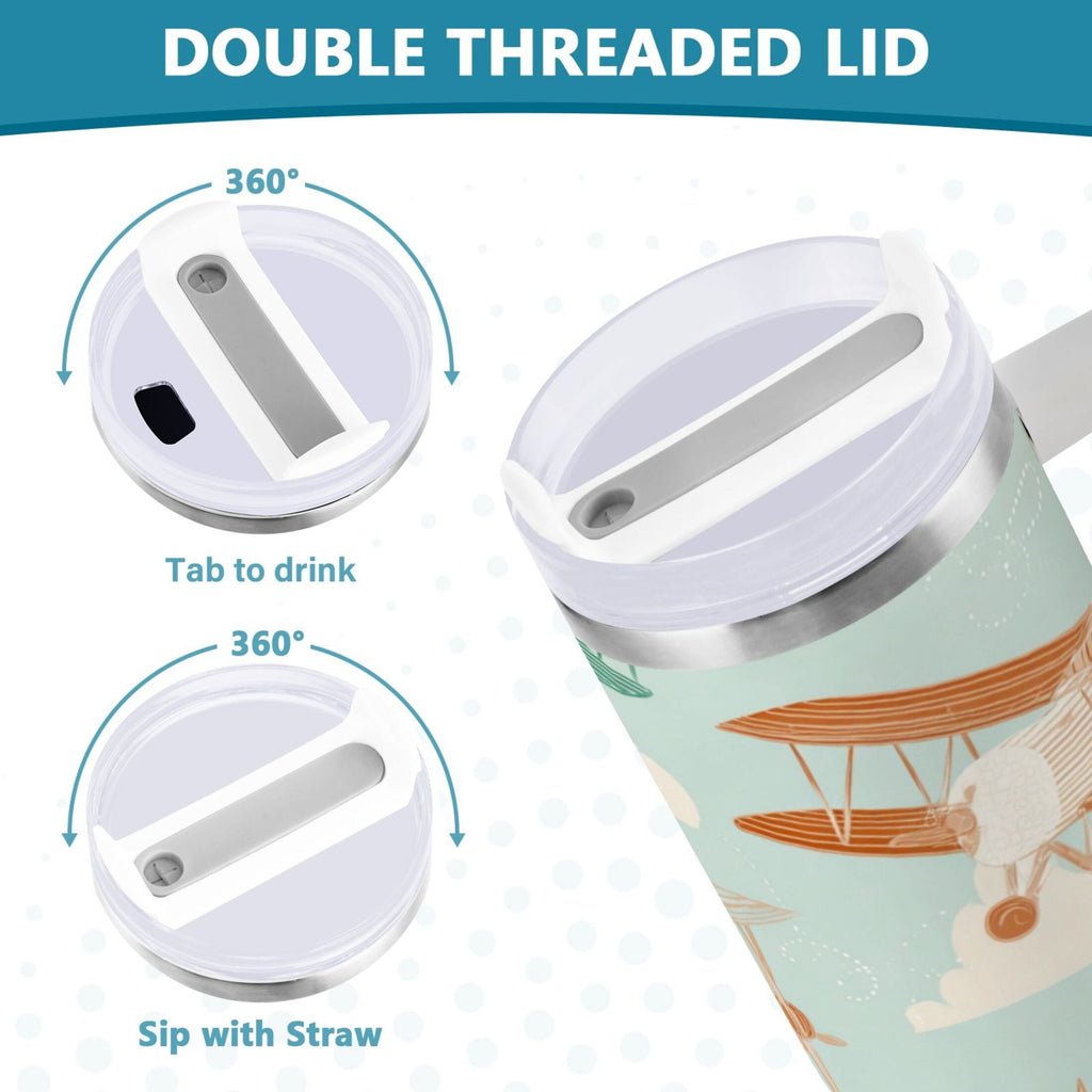 40 oz Insulated Stainless Steel Tumbler Double Wall Stainless Steel Tumbler with 2-Way Drinking Cute Airplanes