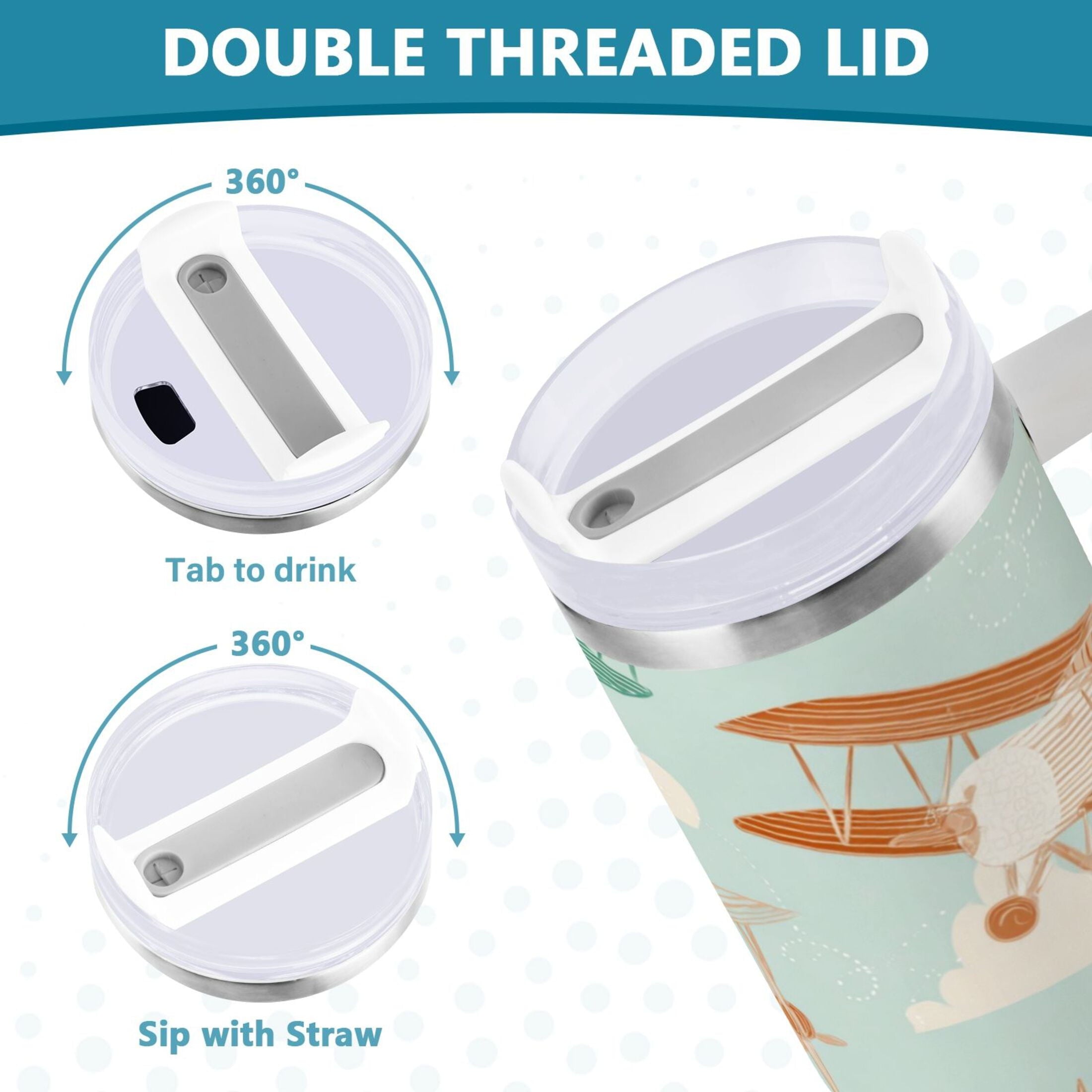 40 oz Insulated Stainless Steel Tumbler Double Wall Stainless Steel Tumbler with 2-Way Drinking Cute Airplanes