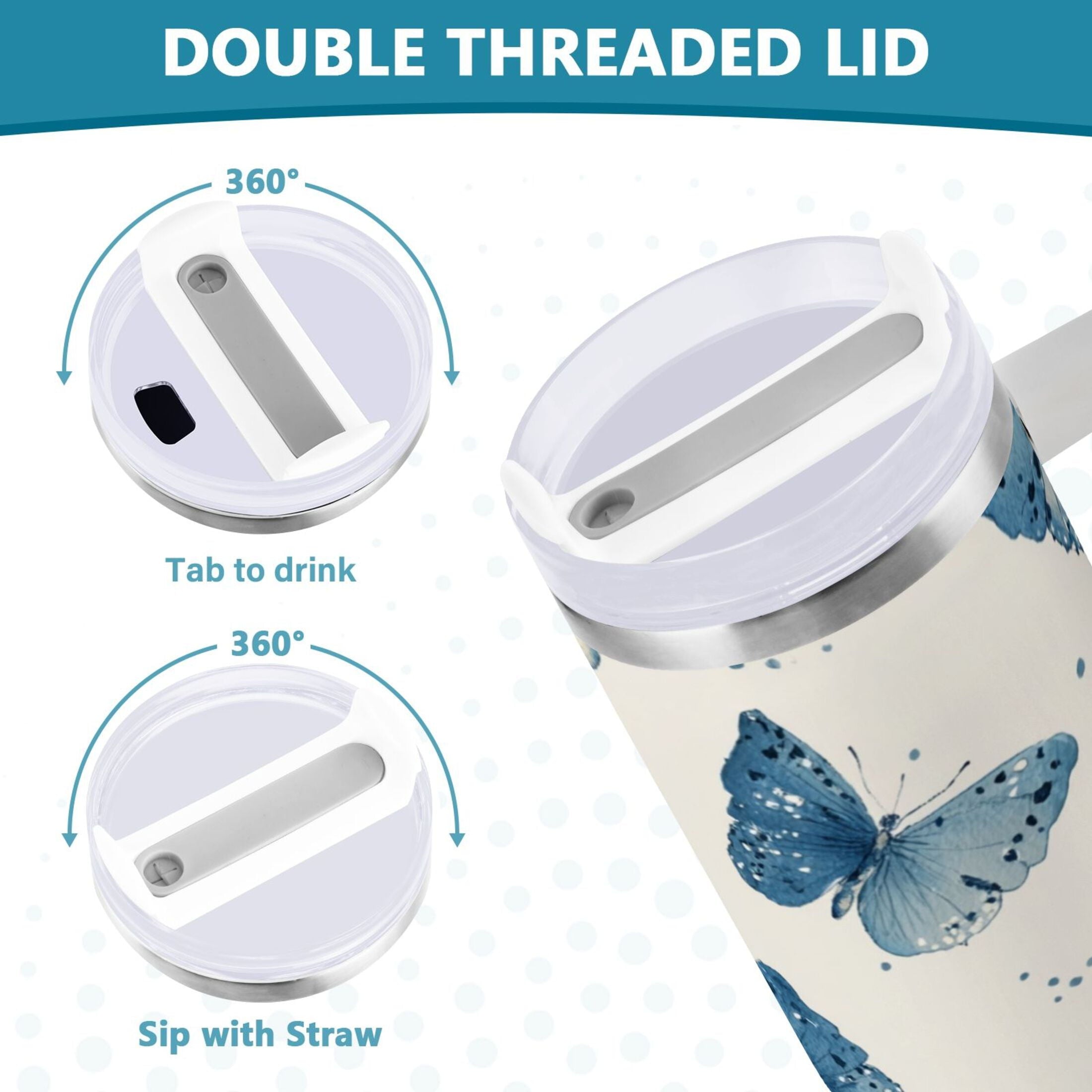 30 oz Insulated Stainless Steel Tumbler Double Wall Stainless Steel Tumbler with 2-Way Drinking Blue Watercolor Butterflies
