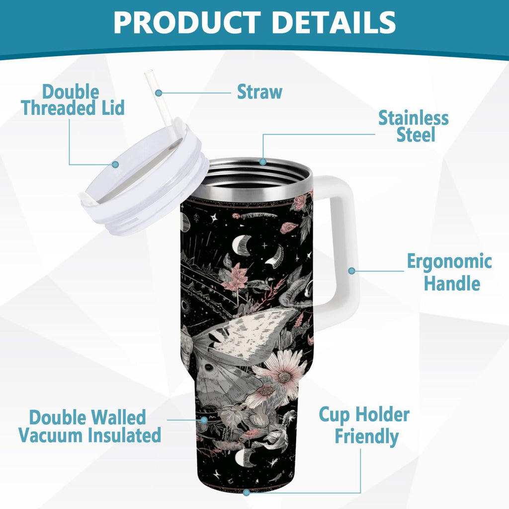 40 oz Insulated Stainless Steel Tumbler Double Wall Stainless Steel Tumbler with 2-Way Drinking Butterfly Surrounded by Flowers