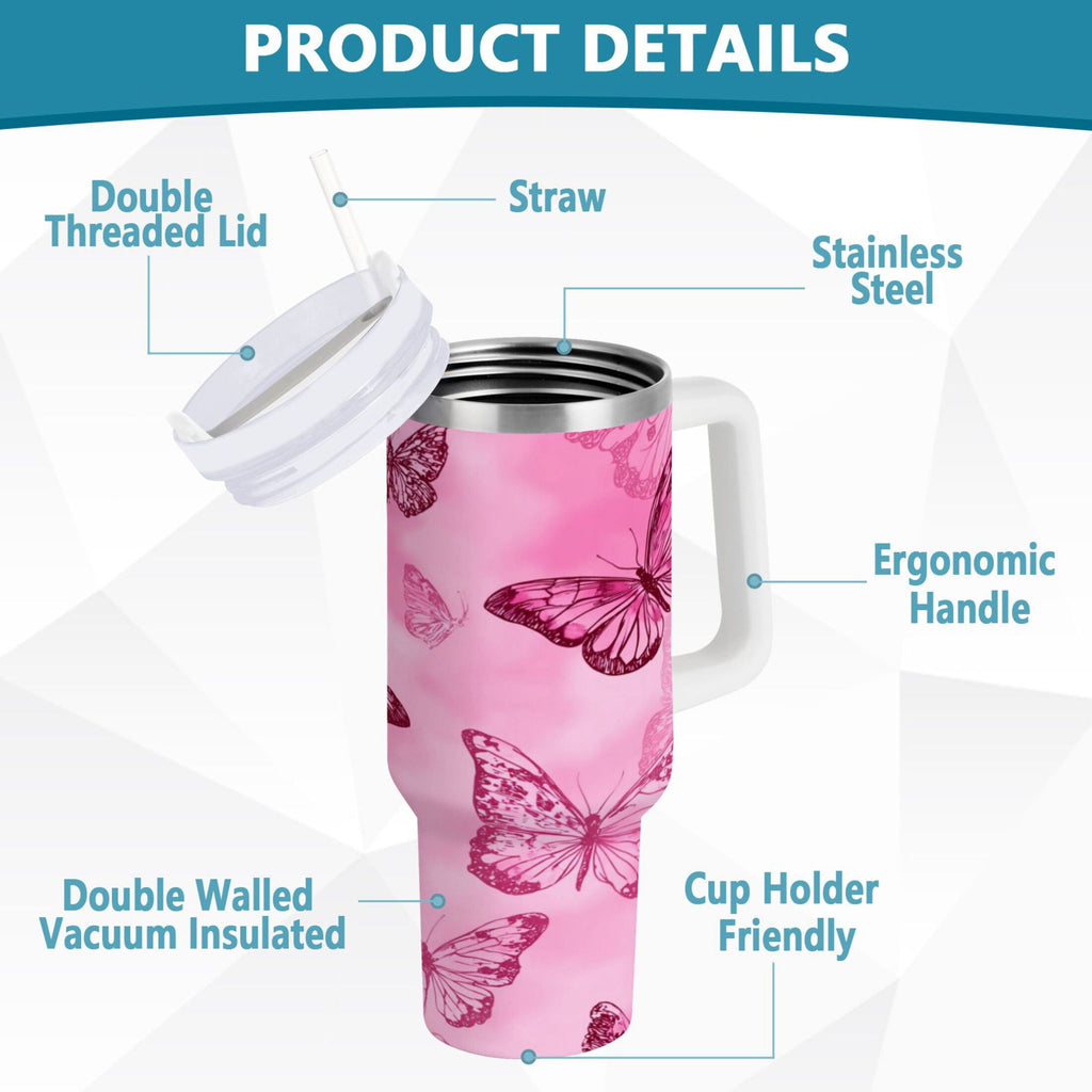 40 oz Insulated Stainless Steel Tumbler Double Wall Stainless Steel Tumbler with 2-Way Drinking Pink Butterfly Pattern