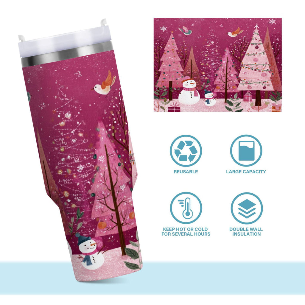 40 oz Insulated Stainless Steel Tumbler Double Wall Stainless Steel Tumbler with 2-Way Drinking Pink Christmas Forest