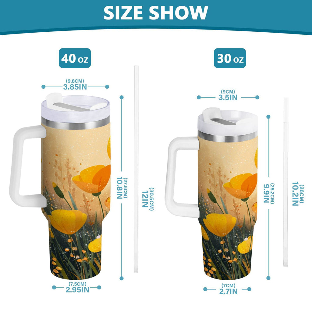 30 oz Insulated Stainless Steel Tumbler Double Wall Stainless Steel Tumbler with 2-Way Drinking Yellow Flowers on The Grass