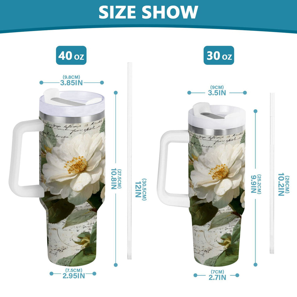 40 oz Insulated Stainless Steel Tumbler Double Wall Stainless Steel Tumbler with 2-Way Drinking Vintage White Camellias