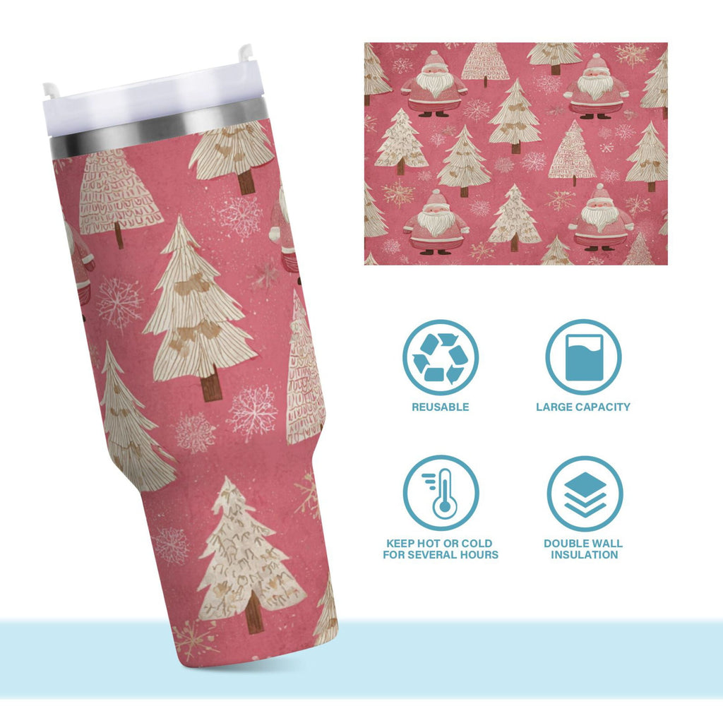40 oz Insulated Stainless Steel Tumbler Double Wall Stainless Steel Tumbler with 2-Way Drinking Pink Santa Claus Pattern