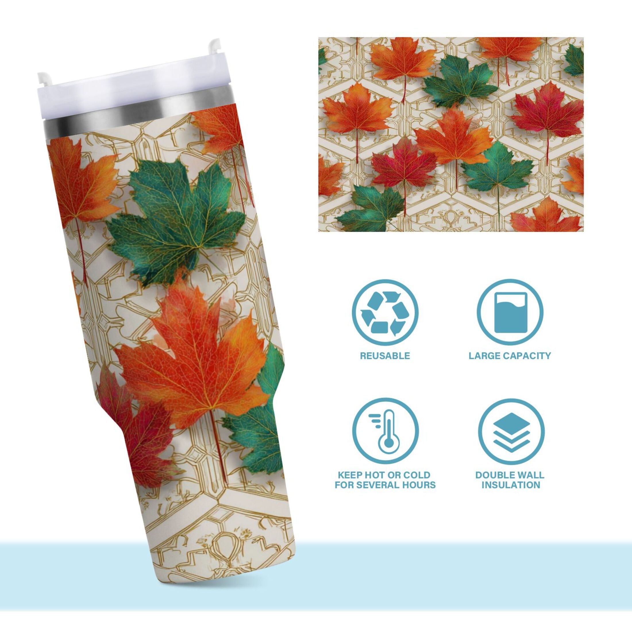 30 oz Insulated Stainless Steel Tumbler Double Wall Stainless Steel Tumbler with 2-Way Drinking Green and Red Maple Leaves
