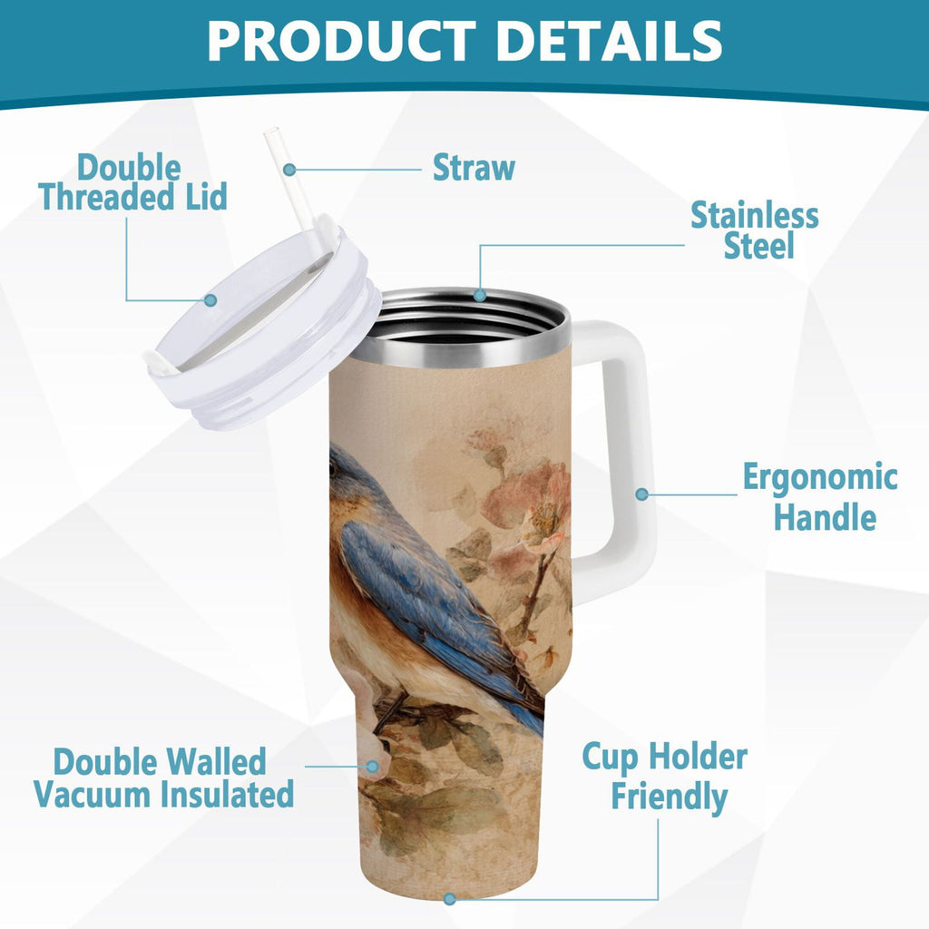 40 oz Insulated Stainless Steel Tumbler Double Wall Stainless Steel Tumbler with 2-Way Drinking Bluebird and Ancient Flowers