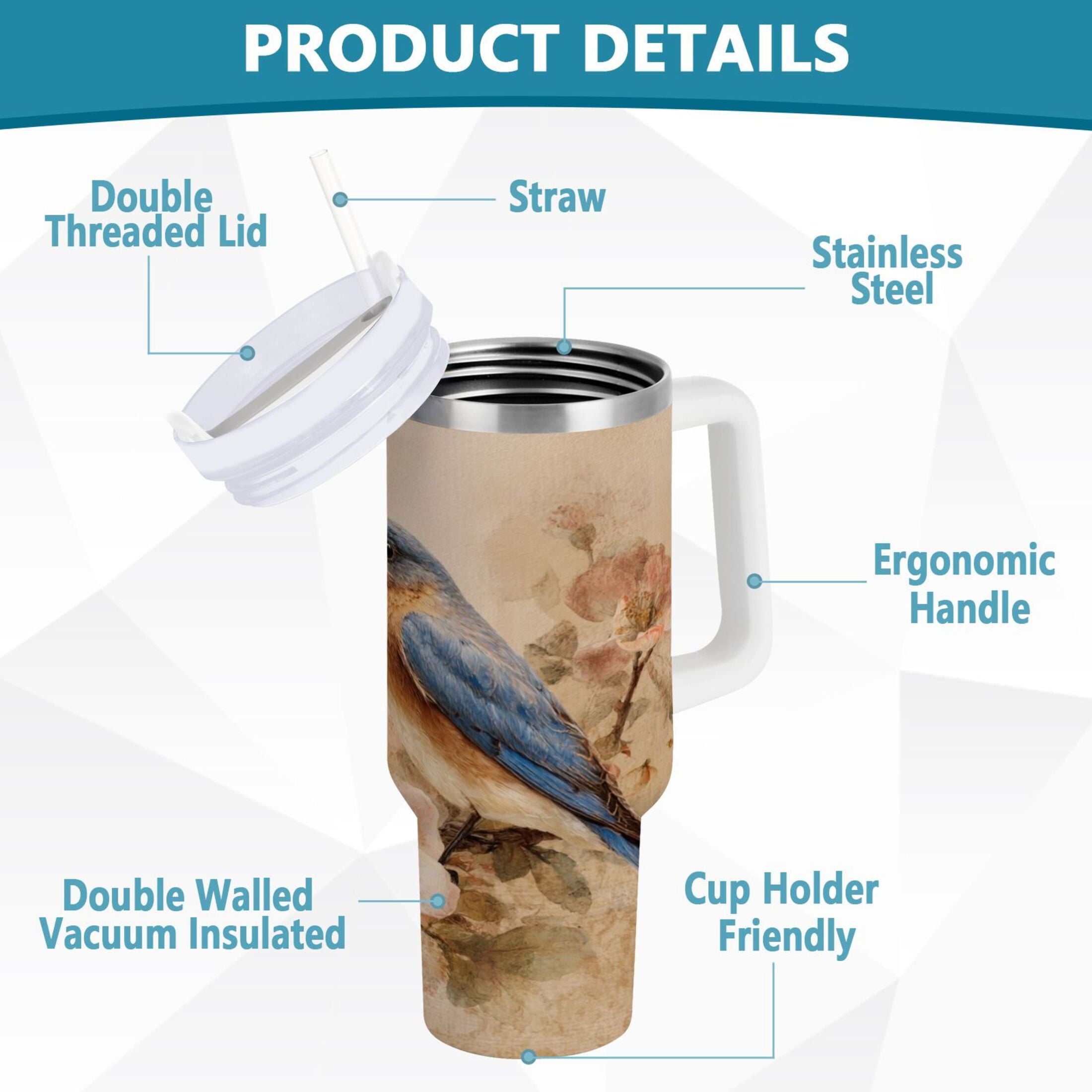 40 oz Insulated Stainless Steel Tumbler Double Wall Stainless Steel Tumbler with 2-Way Drinking Bluebird and Ancient Flowers
