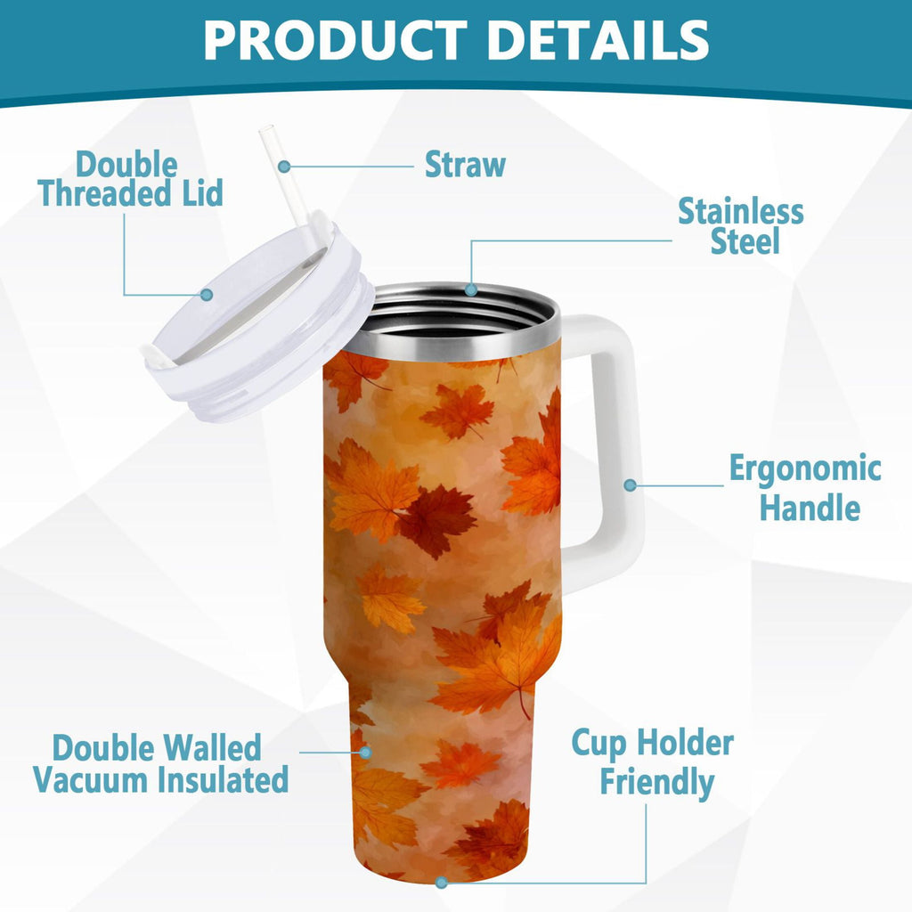 40 oz Insulated Stainless Steel Tumbler Double Wall Stainless Steel Tumbler with 2-Way Drinking Orange and Brown Autumn Leaves