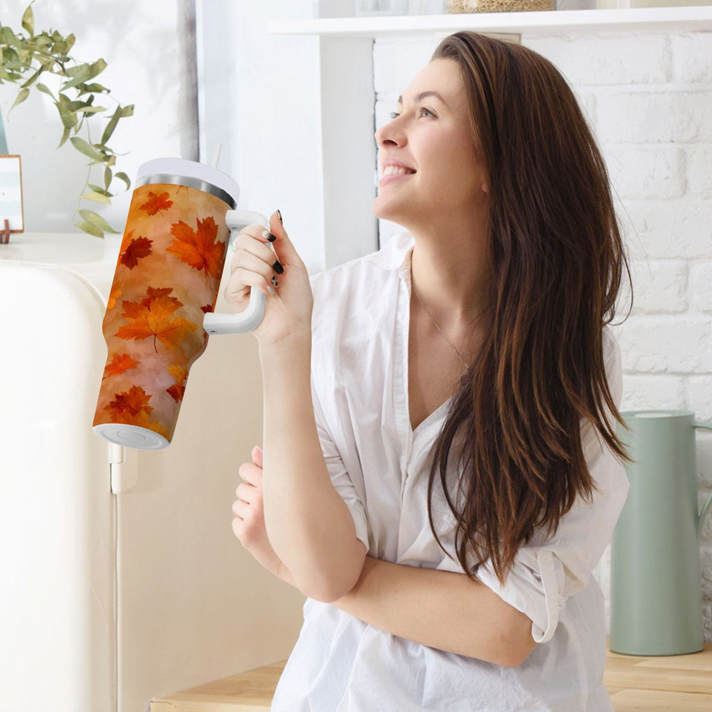 40 oz Insulated Stainless Steel Tumbler Double Wall Stainless Steel Tumbler with 2-Way Drinking Orange and Brown Autumn Leaves