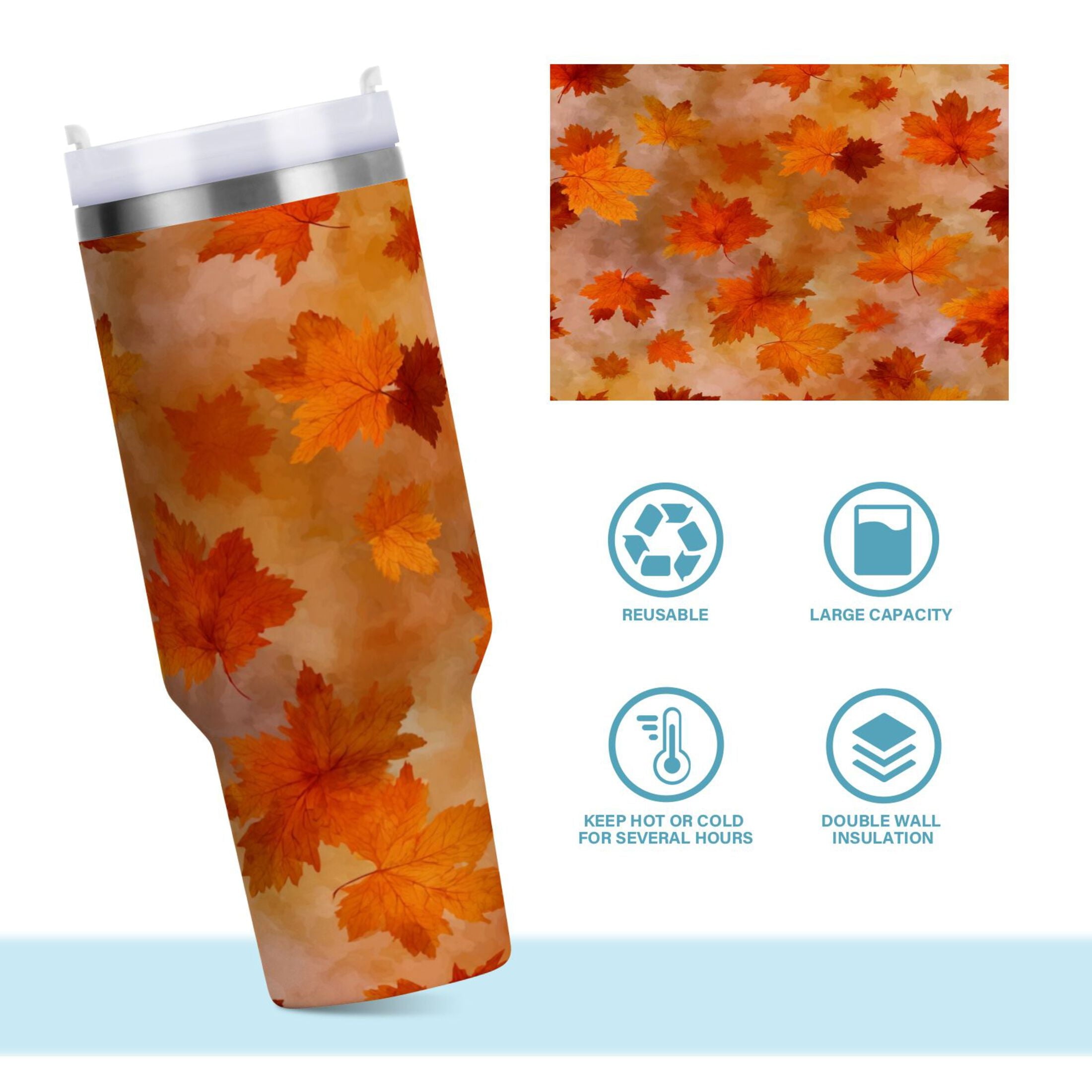 40 oz Insulated Stainless Steel Tumbler Double Wall Stainless Steel Tumbler with 2-Way Drinking Orange and Brown Autumn Leaves