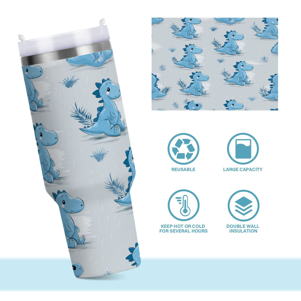 30 oz Insulated Stainless Steel Tumbler Double Wall Stainless Steel Tumbler with 2-Way Drinking Cartoon Blue Dinosaurs