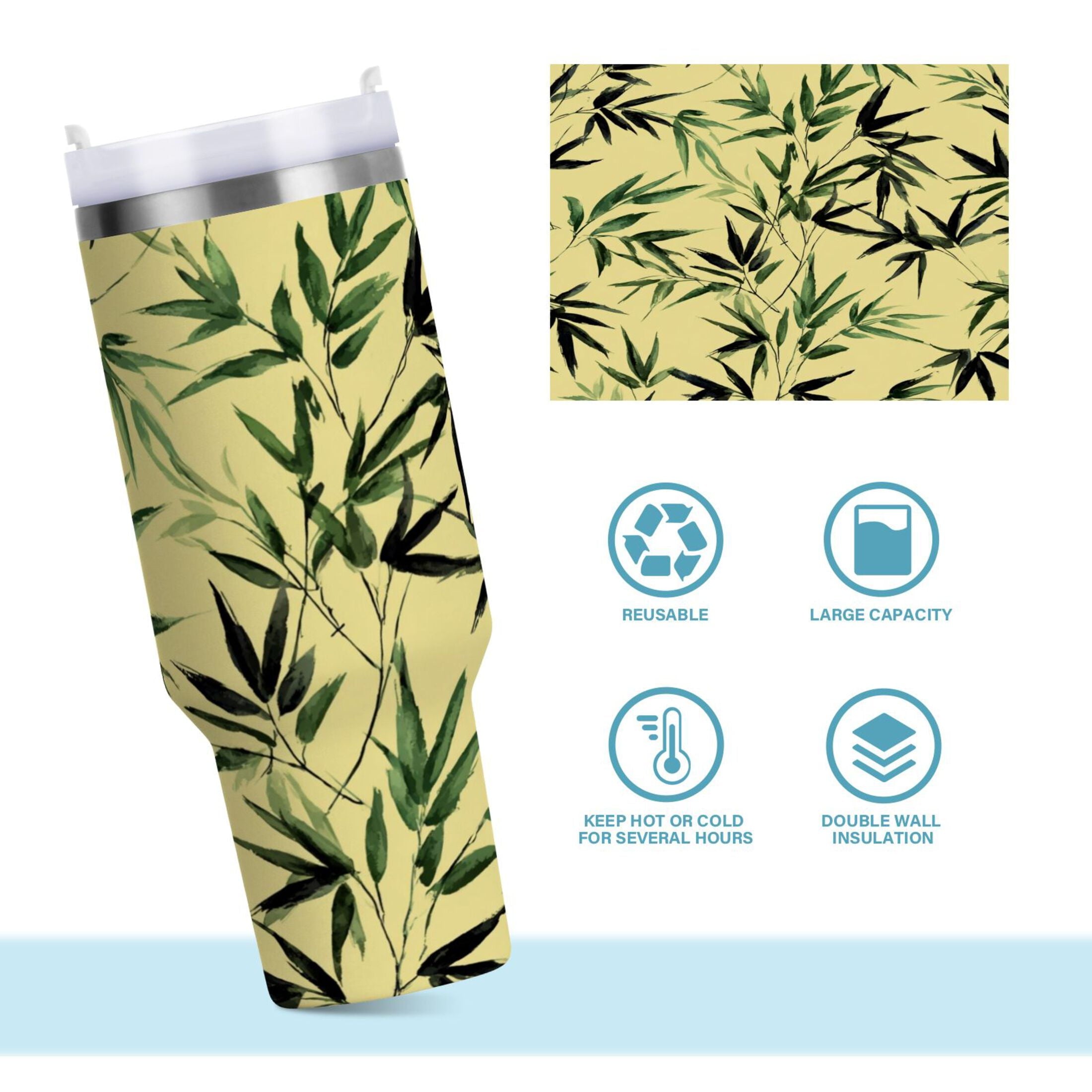 30 oz Insulated Stainless Steel Tumbler Double Wall Stainless Steel Tumbler with 2-Way Drinking Bamboo and Green Leaves