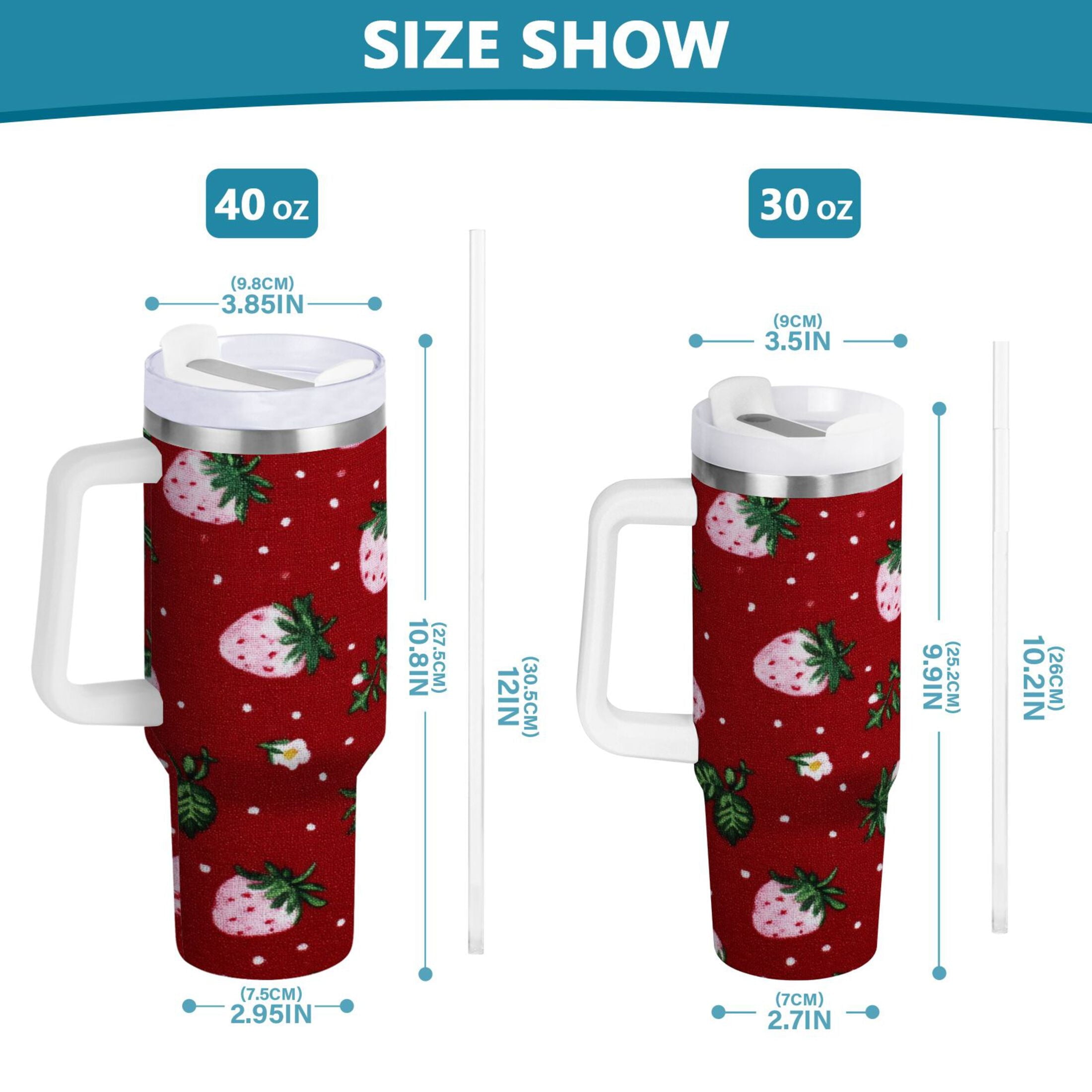 30 oz Insulated Stainless Steel Tumbler Double Wall Stainless Steel Tumbler with 2-Way Drinking Cute Pink Strawberry Pattern
