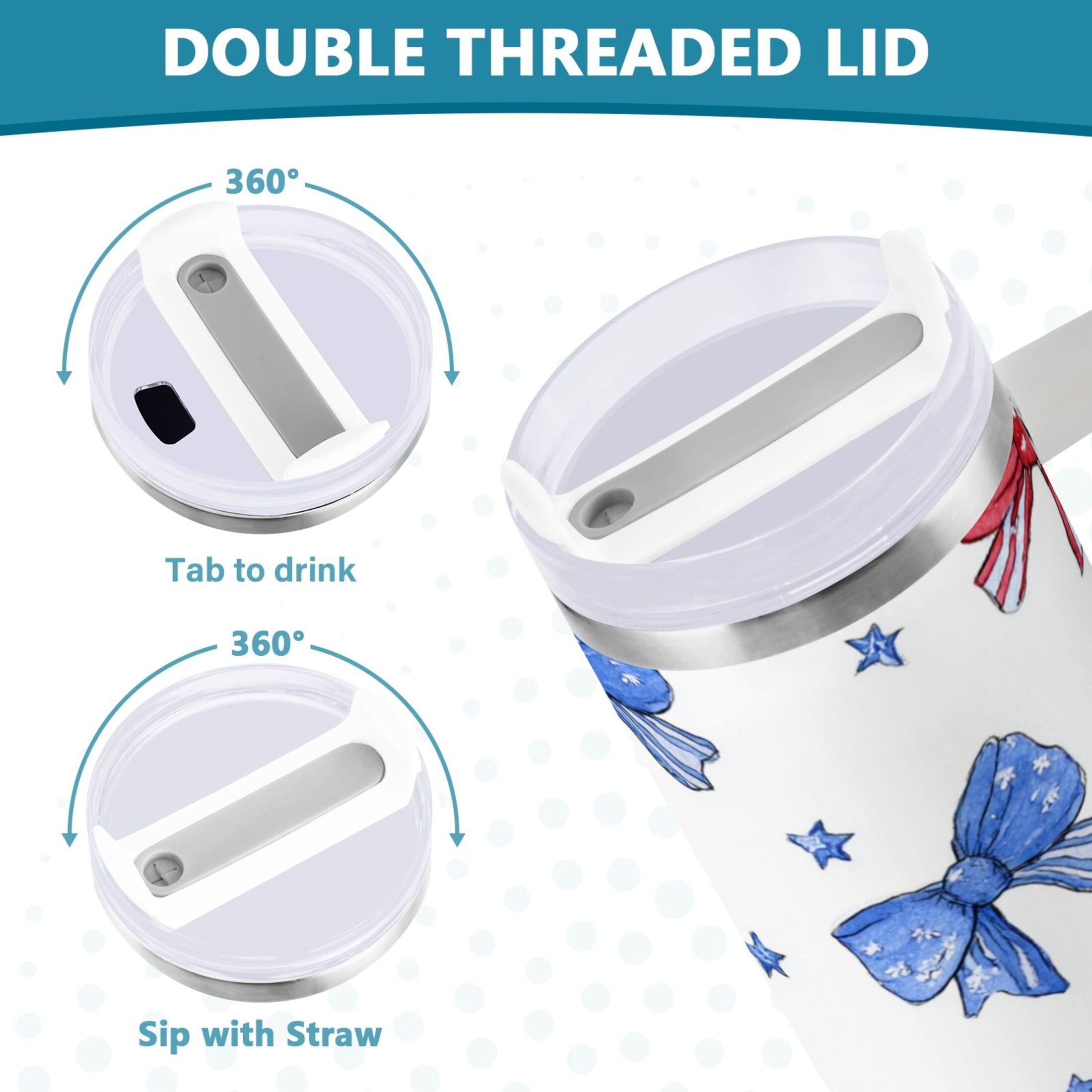 40 oz Insulated Stainless Steel Tumbler Double Wall Stainless Steel Tumbler with 2-Way Drinking Hand-drawn Bows