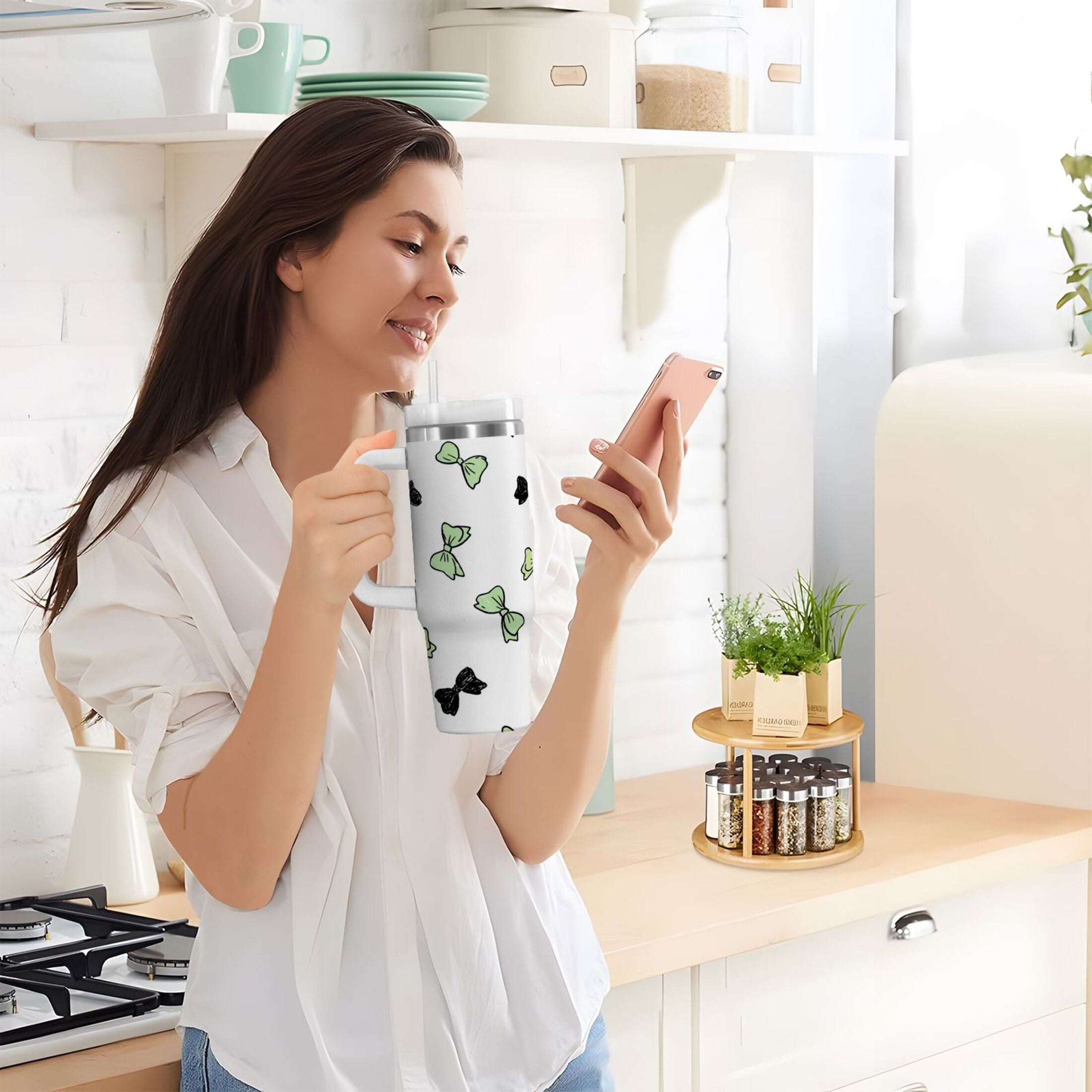 40 oz Insulated Stainless Steel Tumbler Double Wall Stainless Steel Tumbler with 2-Way Drinking Green and Black Bows