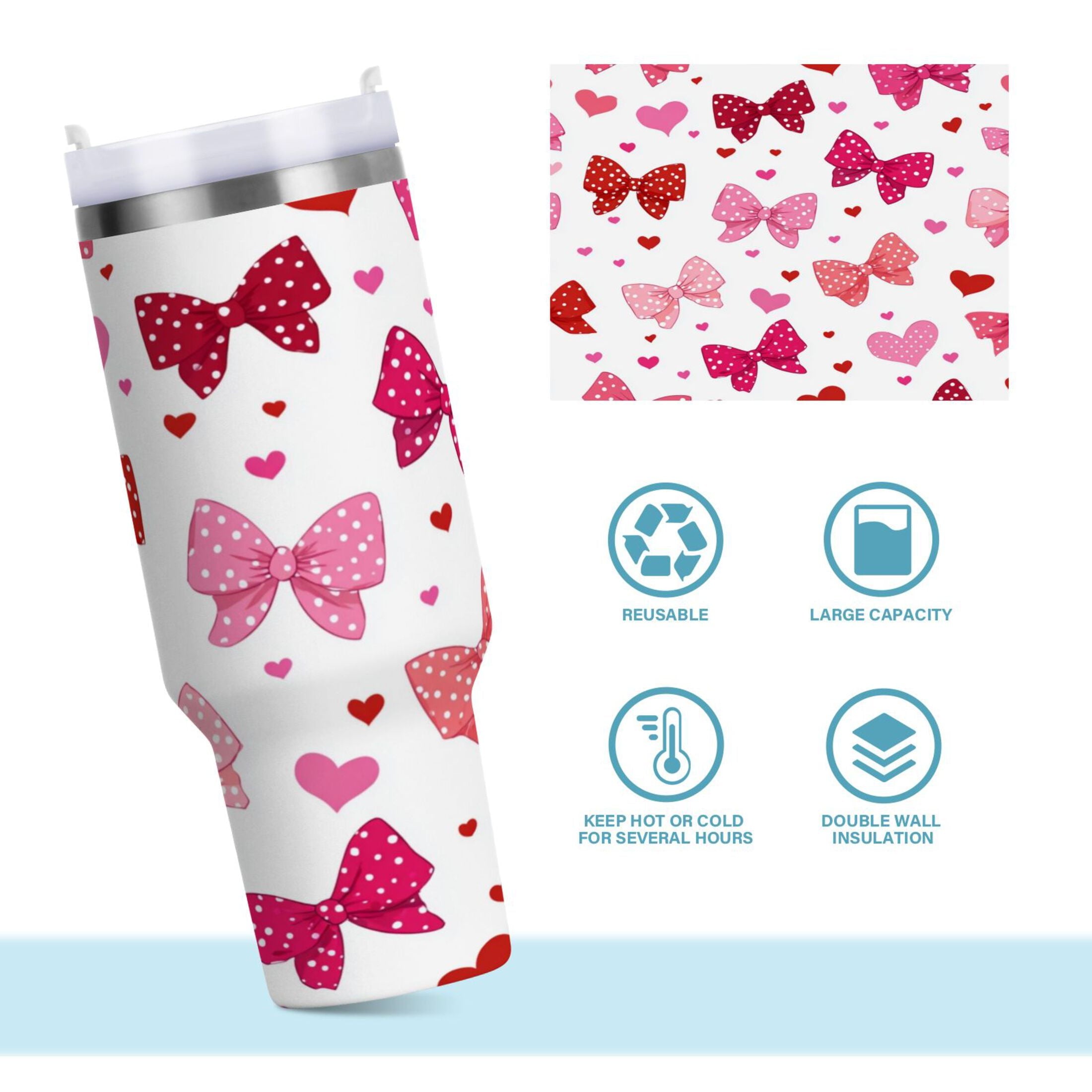 30 oz Insulated Stainless Steel Tumbler Double Wall Stainless Steel Tumbler with 2-Way Drinking Red and Pink Bows