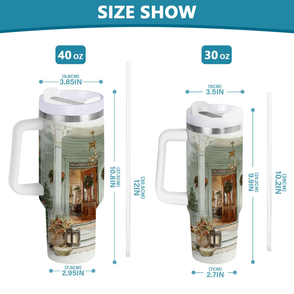 30 oz Insulated Stainless Steel Tumbler Double Wall Stainless Steel Tumbler with 2-Way Drinking Charming Christmas Doorway