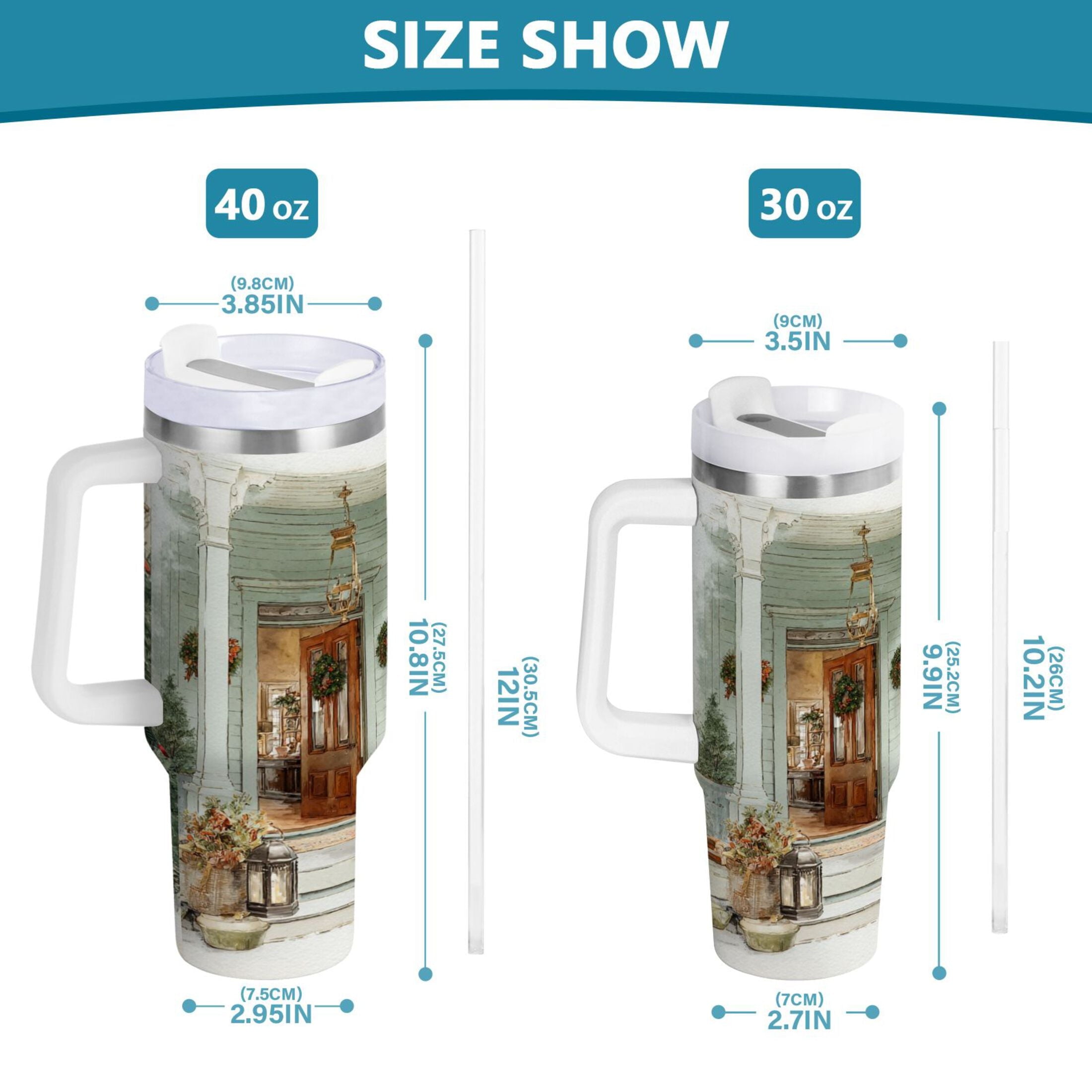 30 oz Insulated Stainless Steel Tumbler Double Wall Stainless Steel Tumbler with 2-Way Drinking Charming Christmas Doorway