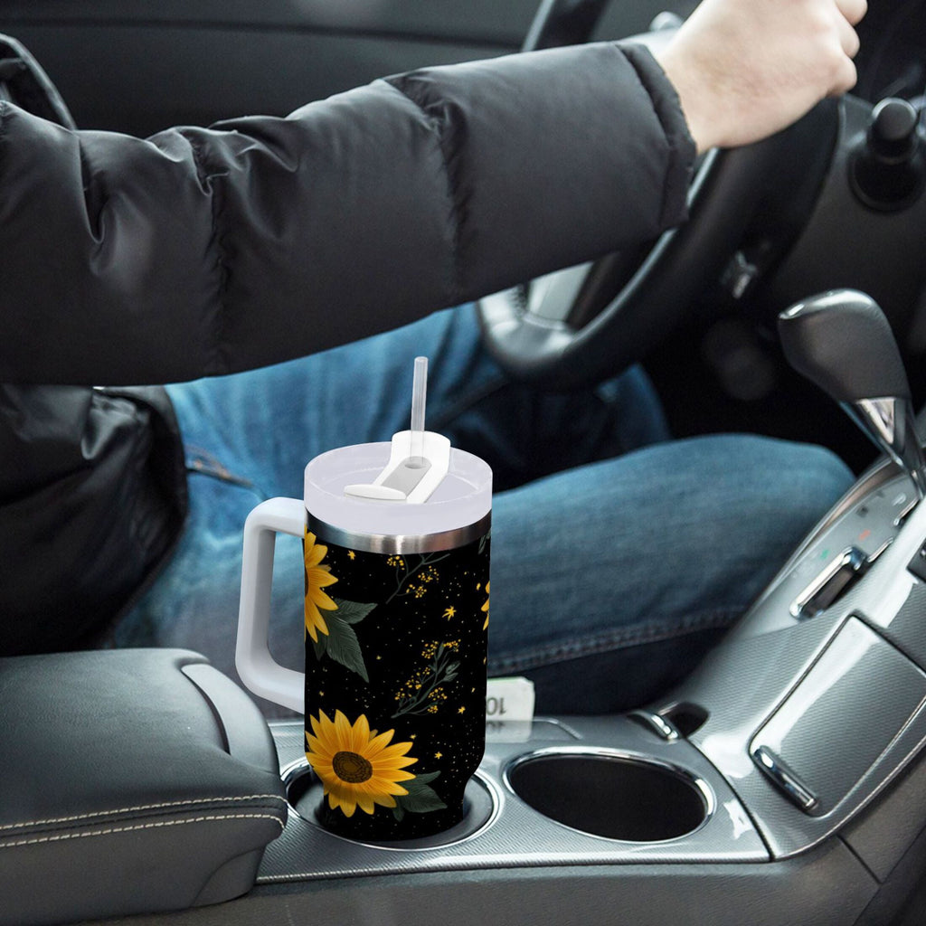 30 oz Insulated Stainless Steel Tumbler Double Wall Stainless Steel Tumbler with 2-Way Drinking Yellow Sunflower Pattern
