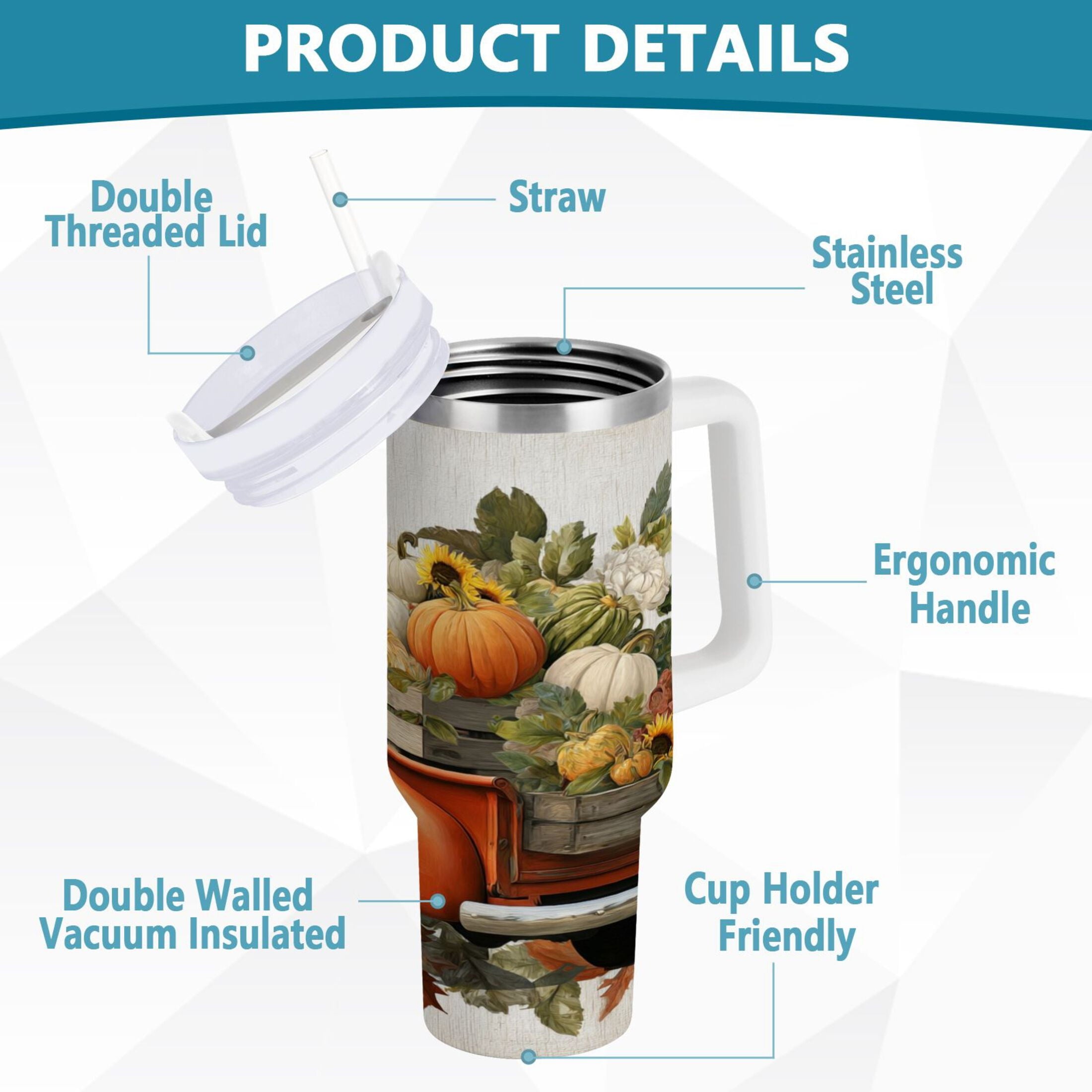 40 oz Insulated Stainless Steel Tumbler Double Wall Stainless Steel Tumbler with 2-Way Drinking Truck Full Of Pumpkins