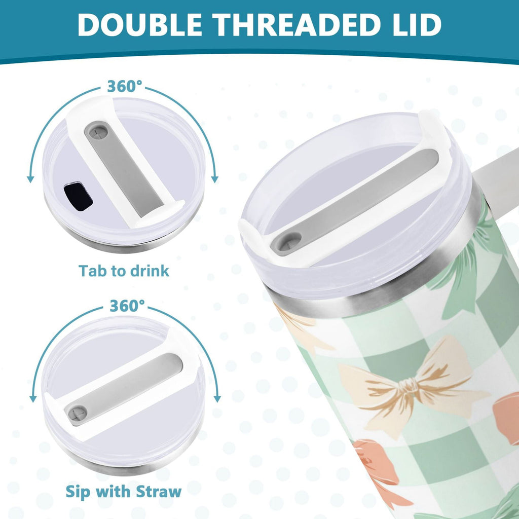 40 oz Insulated Stainless Steel Tumbler Double Wall Stainless Steel Tumbler with 2-Way Drinking Green and Peach Bow Pattern