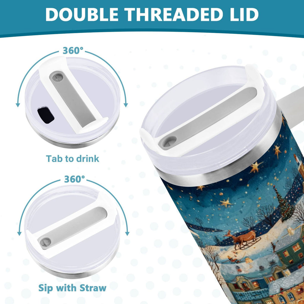 30 oz Insulated Stainless Steel Tumbler Double Wall Stainless Steel Tumbler with 2-Way Drinking Whimsical Christmas Scene