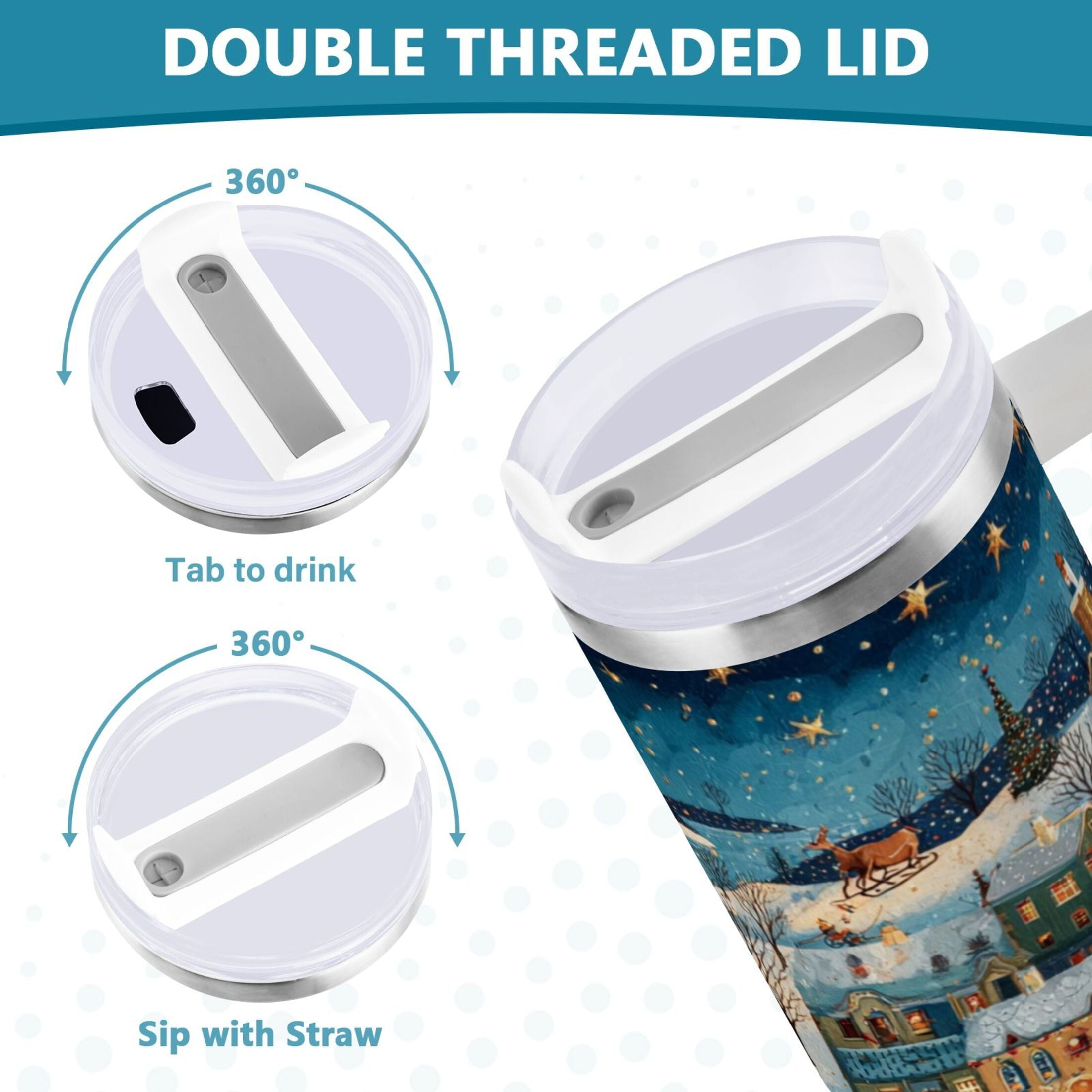 30 oz Insulated Stainless Steel Tumbler Double Wall Stainless Steel Tumbler with 2-Way Drinking Whimsical Christmas Scene