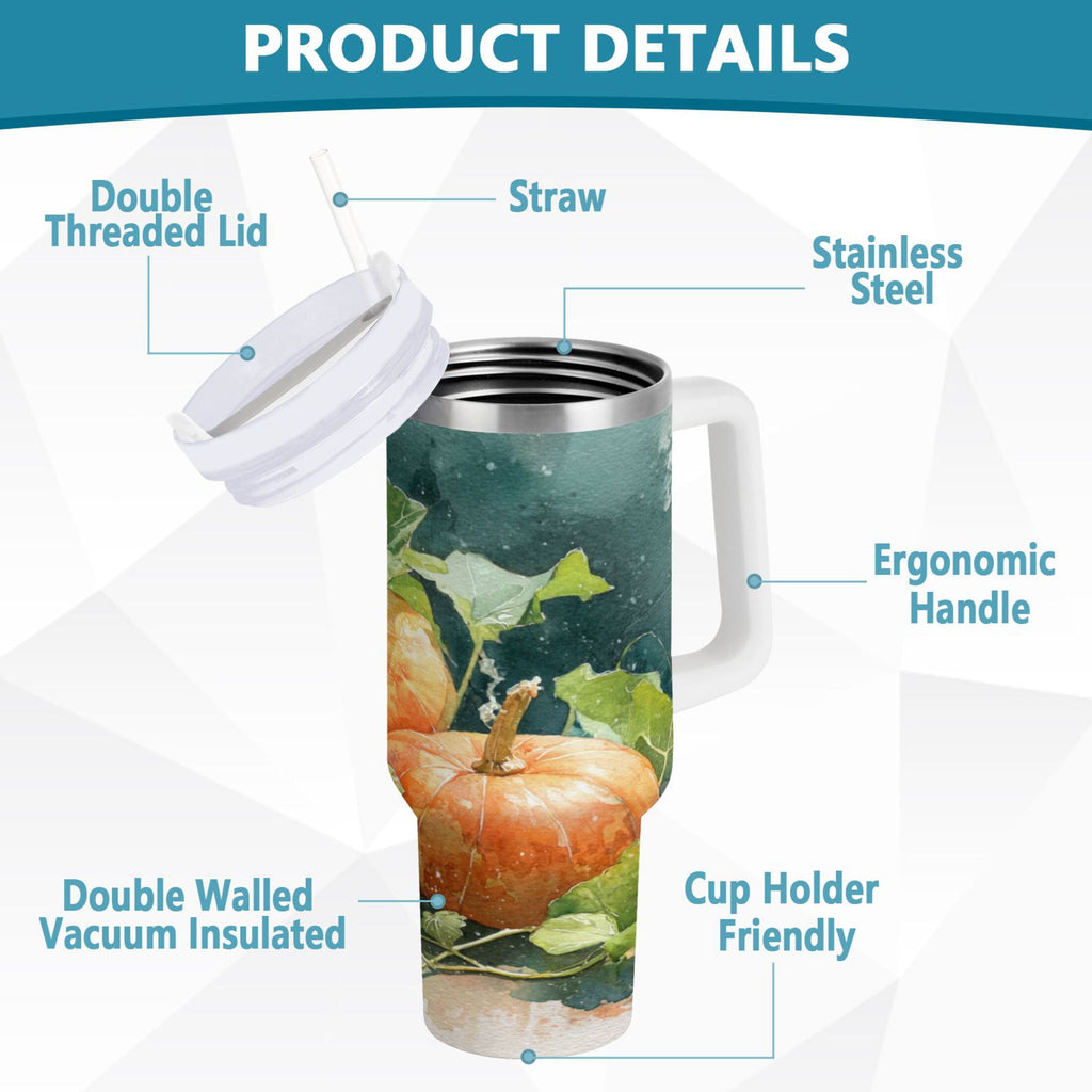 40 oz Insulated Stainless Steel Tumbler Double Wall Stainless Steel Tumbler with 2-Way Drinking Orange and White Pumpkins