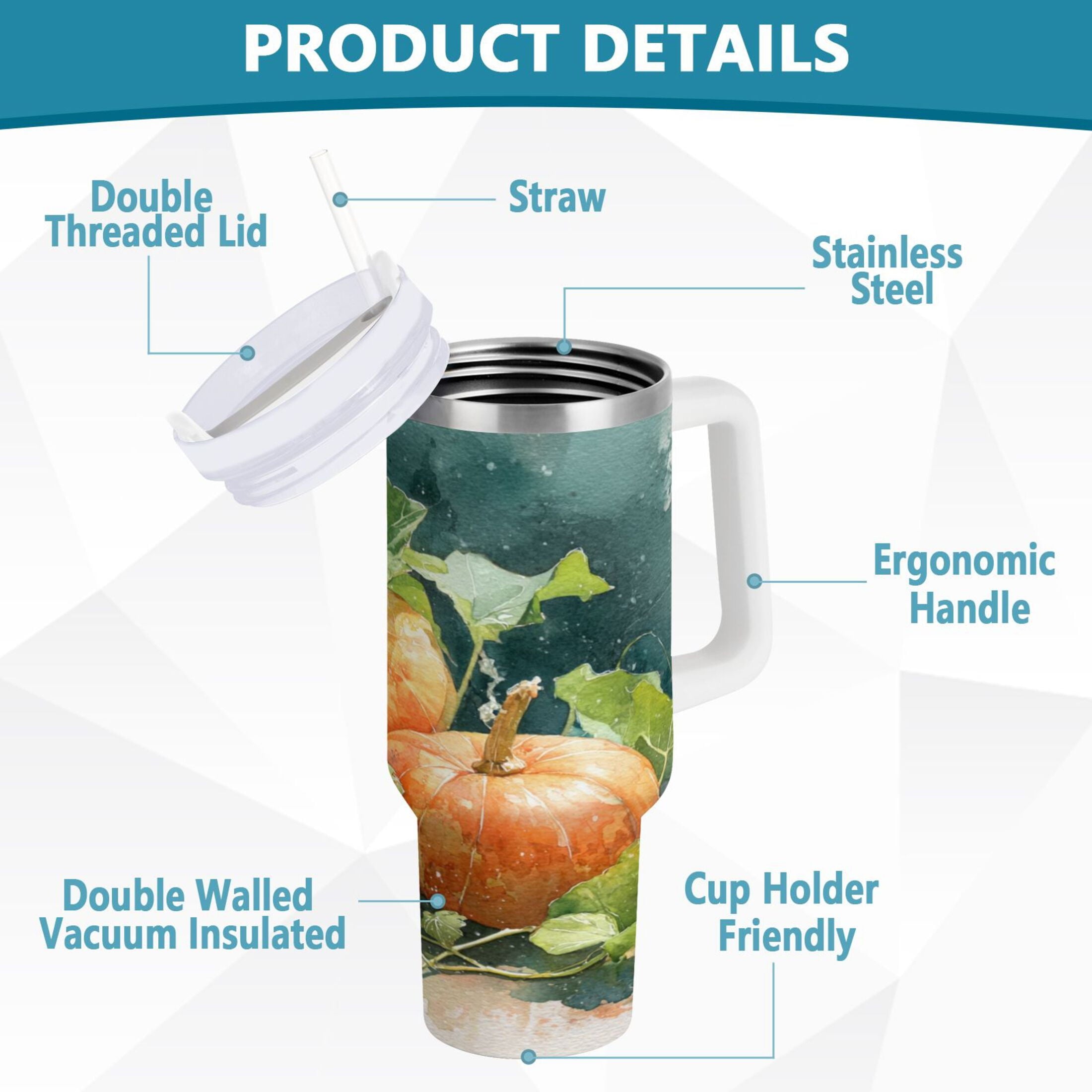 40 oz Insulated Stainless Steel Tumbler Double Wall Stainless Steel Tumbler with 2-Way Drinking Orange and White Pumpkins