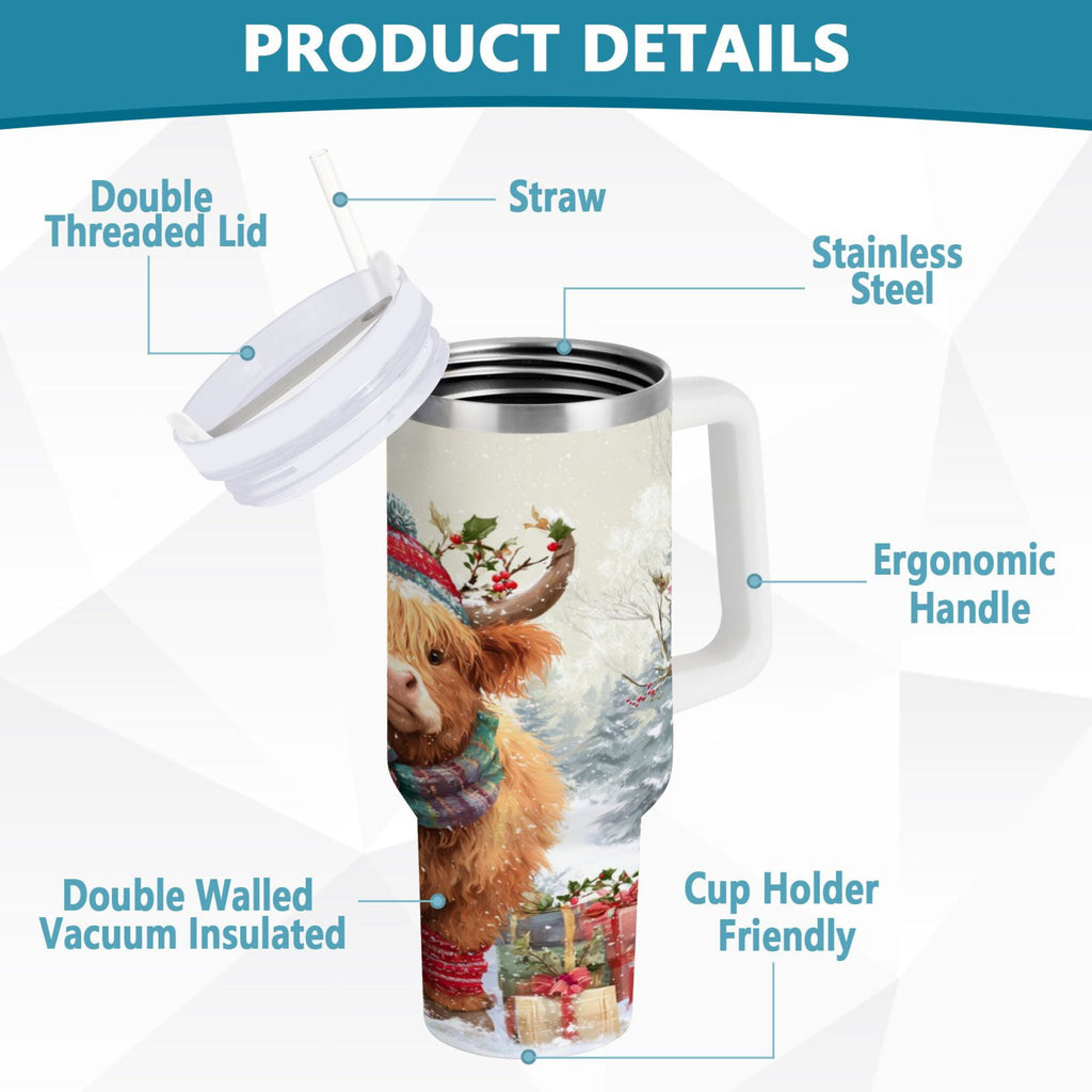 30 oz Insulated Stainless Steel Tumbler Double Wall Stainless Steel Tumbler with 2-Way Drinking Cow Wearing Christmas Hat