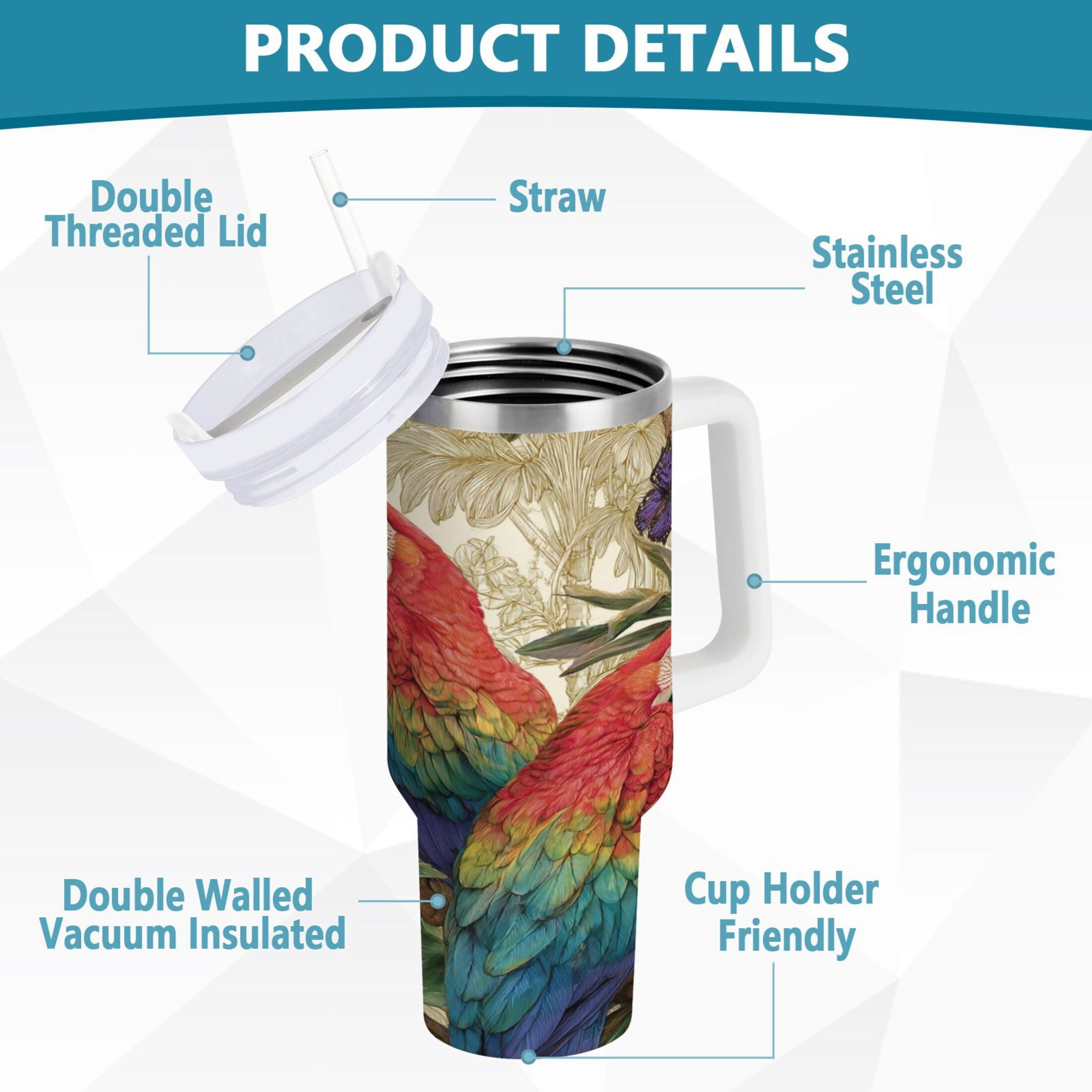 30 oz Insulated Stainless Steel Tumbler Double Wall Stainless Steel Tumbler with 2-Way Drinking Colorful Beautiful Parrots