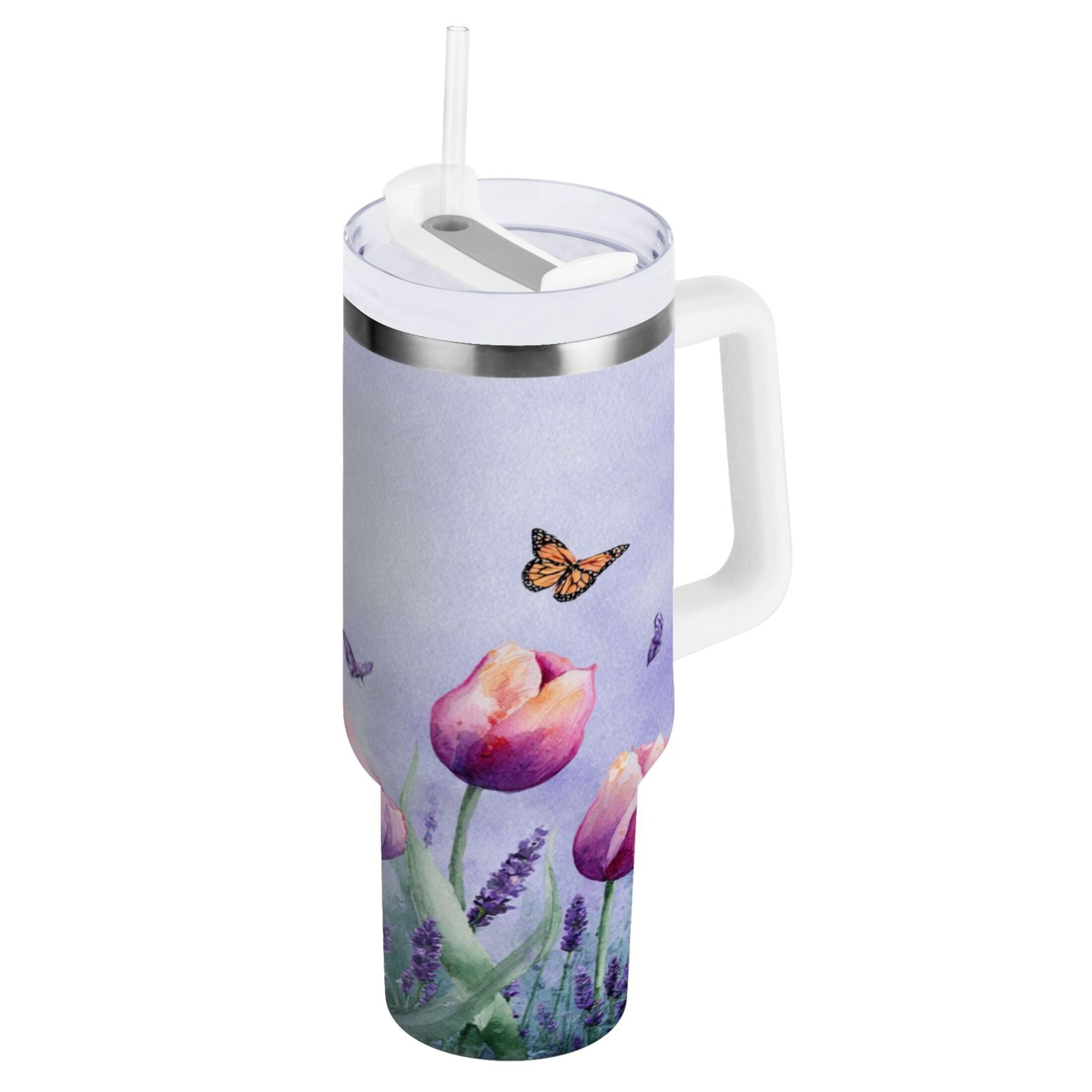30 oz Insulated Stainless Steel Tumbler Double Wall Stainless Steel Tumbler with 2-Way Drinking Watercolor Tulips and Lavender
