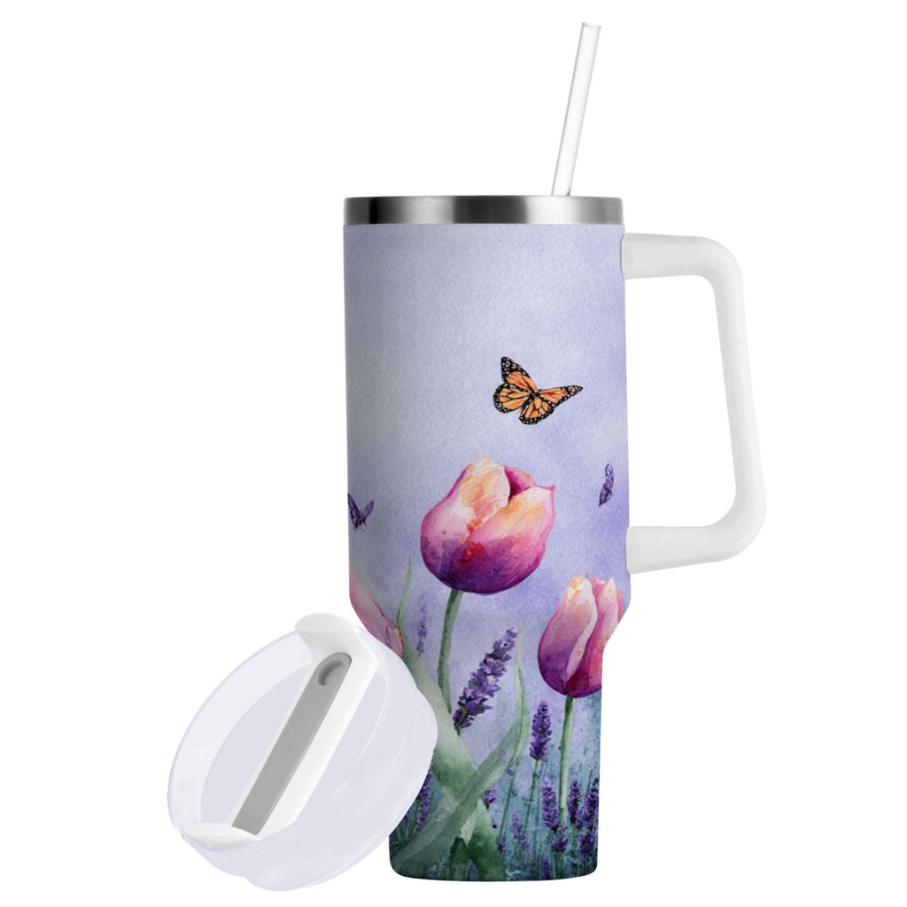 30 oz Insulated Stainless Steel Tumbler Double Wall Stainless Steel Tumbler with 2-Way Drinking Watercolor Tulips and Lavender
