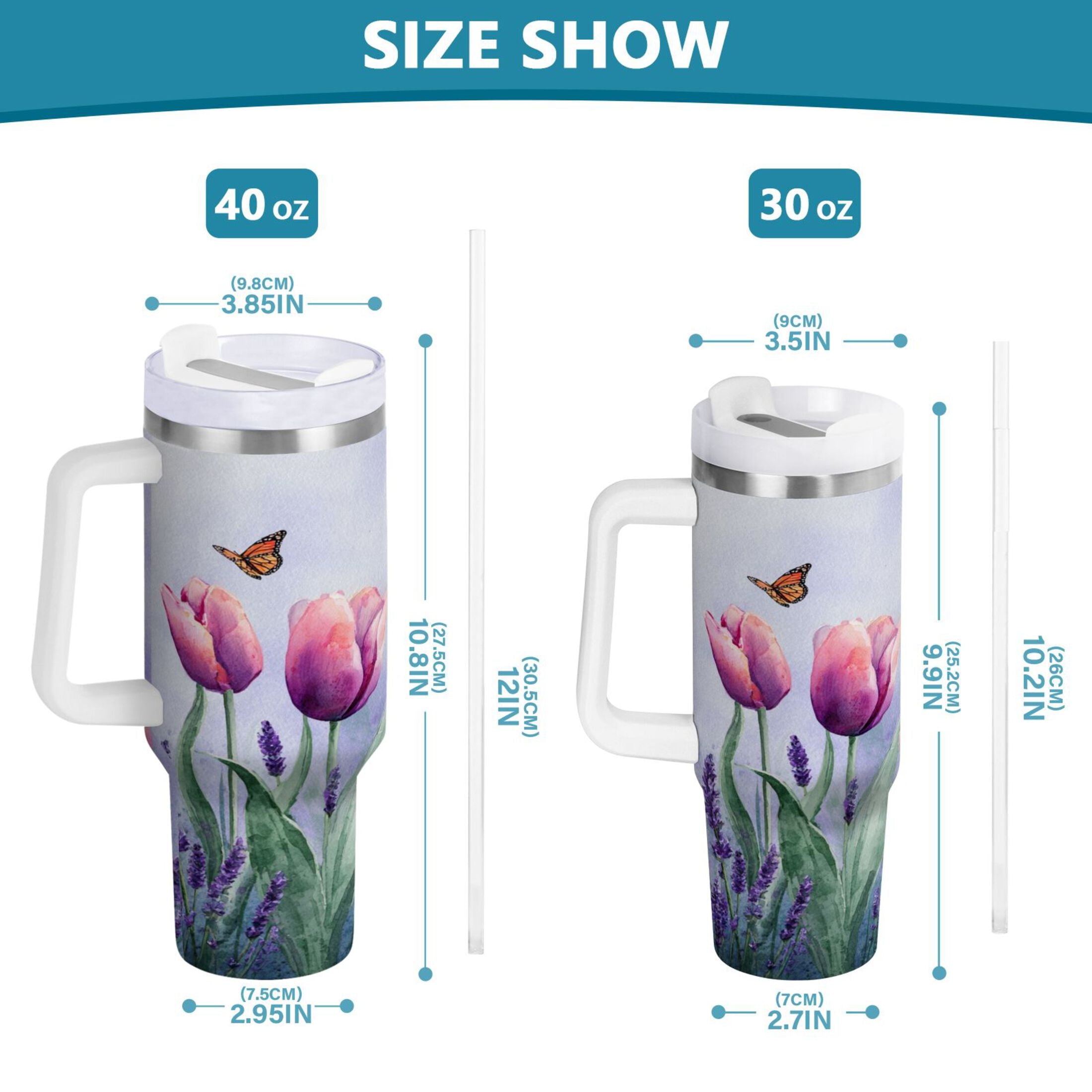 30 oz Insulated Stainless Steel Tumbler Double Wall Stainless Steel Tumbler with 2-Way Drinking Watercolor Tulips and Lavender
