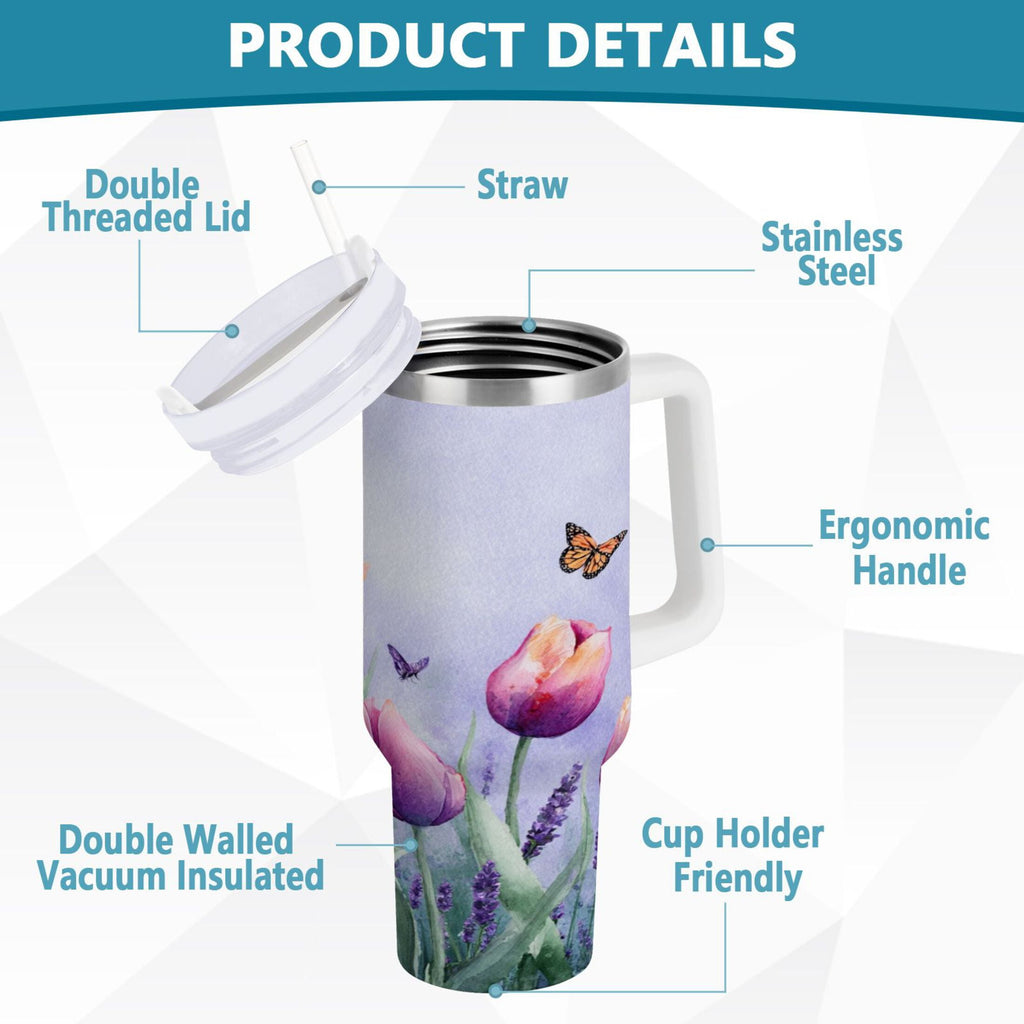 30 oz Insulated Stainless Steel Tumbler Double Wall Stainless Steel Tumbler with 2-Way Drinking Watercolor Tulips and Lavender